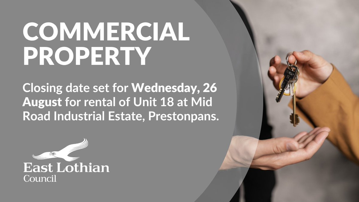 ELCouncil's tweet photo. A closing date of Wed 26 Aug at 1pm has been set for the rental of Unit 18 at the Mid Road Industrial Estate, Prestonpans. The unit is available on ‘easy in, easy out’ terms. Offers over £7,380 pa invited. For info, or to request an offer pack, email estates@eastlothian.gov.uk https://t.co/lwnsuWDOB4