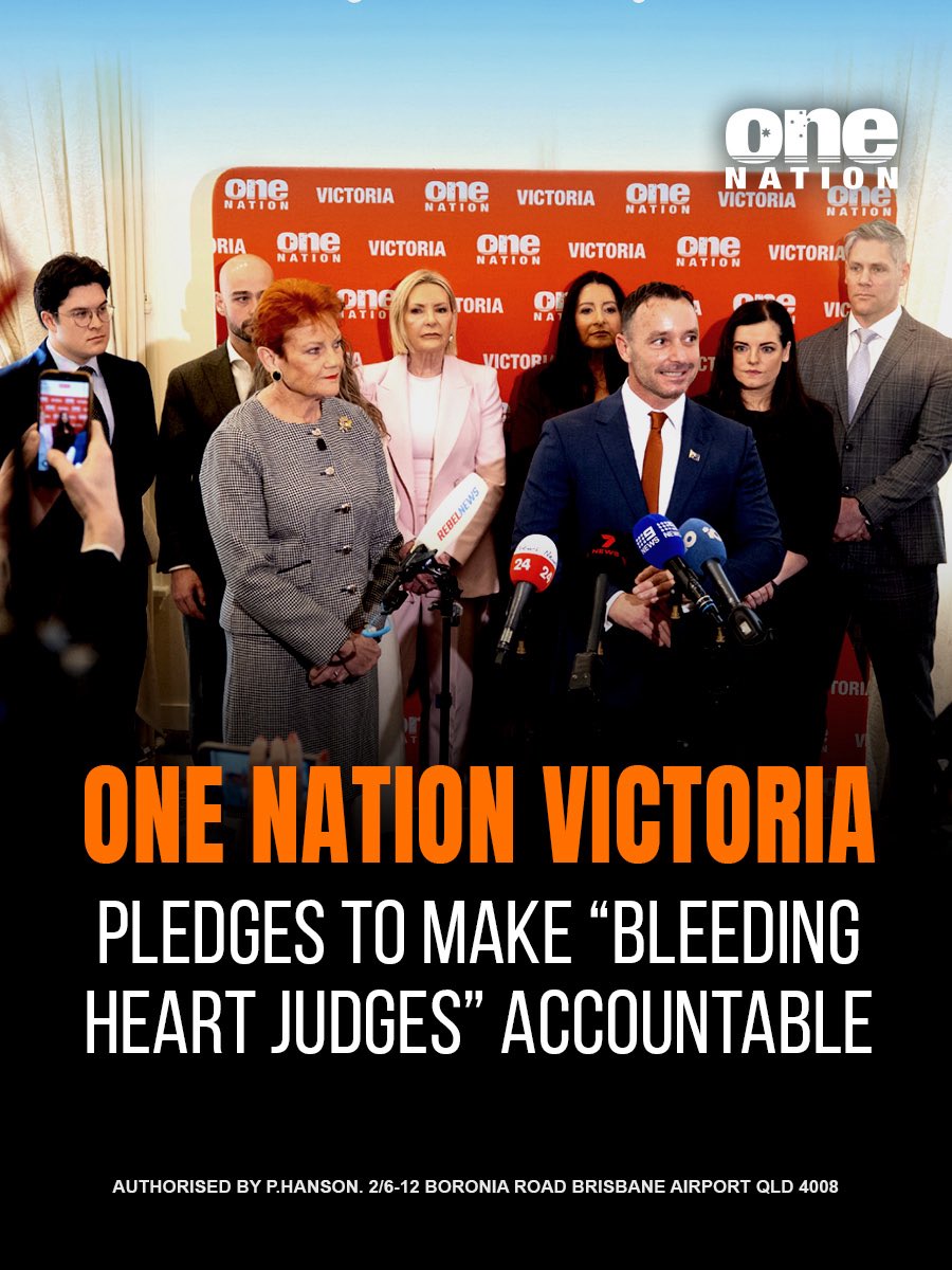 OneNationAus's tweet photo. Crime will be a central theme of the One Nation Victoria campaign. Sadly, it has become more and more a feature of life for Victorians. Only One Nation is prepared to take the sort of no-nonsense, zero-tolerance approach that will tackle the issue head-on.

The reality is that judges have, for too long, handed out often ridiculously soft sentences to serious criminals that have done the opposite of creating a deterrent to certain crimes. Judges shouldn’t be beyond question, and it’s right that they are held accountable.