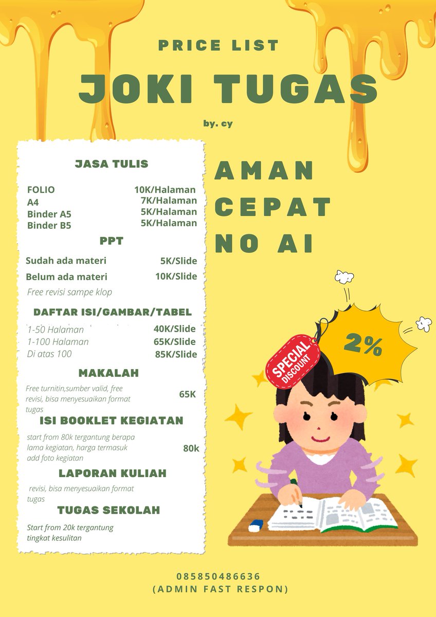 trixcydavina's tweet photo. YANG BUTUH JOKI AMANAH CEPAT....
BISA PC....
DI JAMIN AMANAH BISA CEK WA 085850486636...
ADA PROMO MENARIK

#ZONAUANG #JOKITUGAS https://t.co/eUnycBecOH
