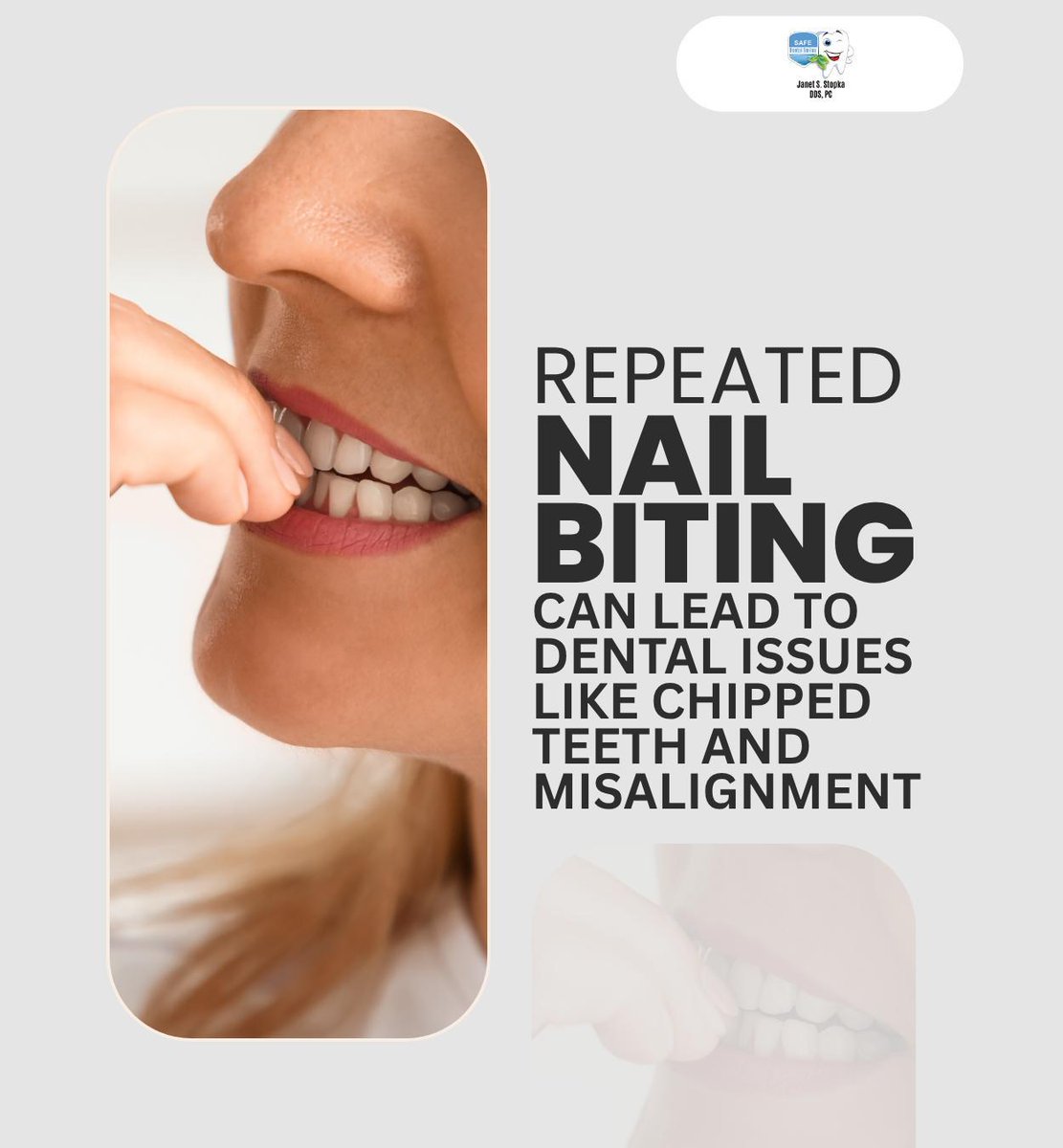 StopkaJanet's tweet photo. Nail biting is a habit that can be difficult to stop, but it can lead to chipped teeth, dental misalignment, and also spread bacteria to your mouth.

https://t.co/VAkWHLUqUk

#nailbiting #dentalmisalignment #stopnailbiting #burrridge #IL #safedentalsmiles https://t.co/7PWQSVS0u8