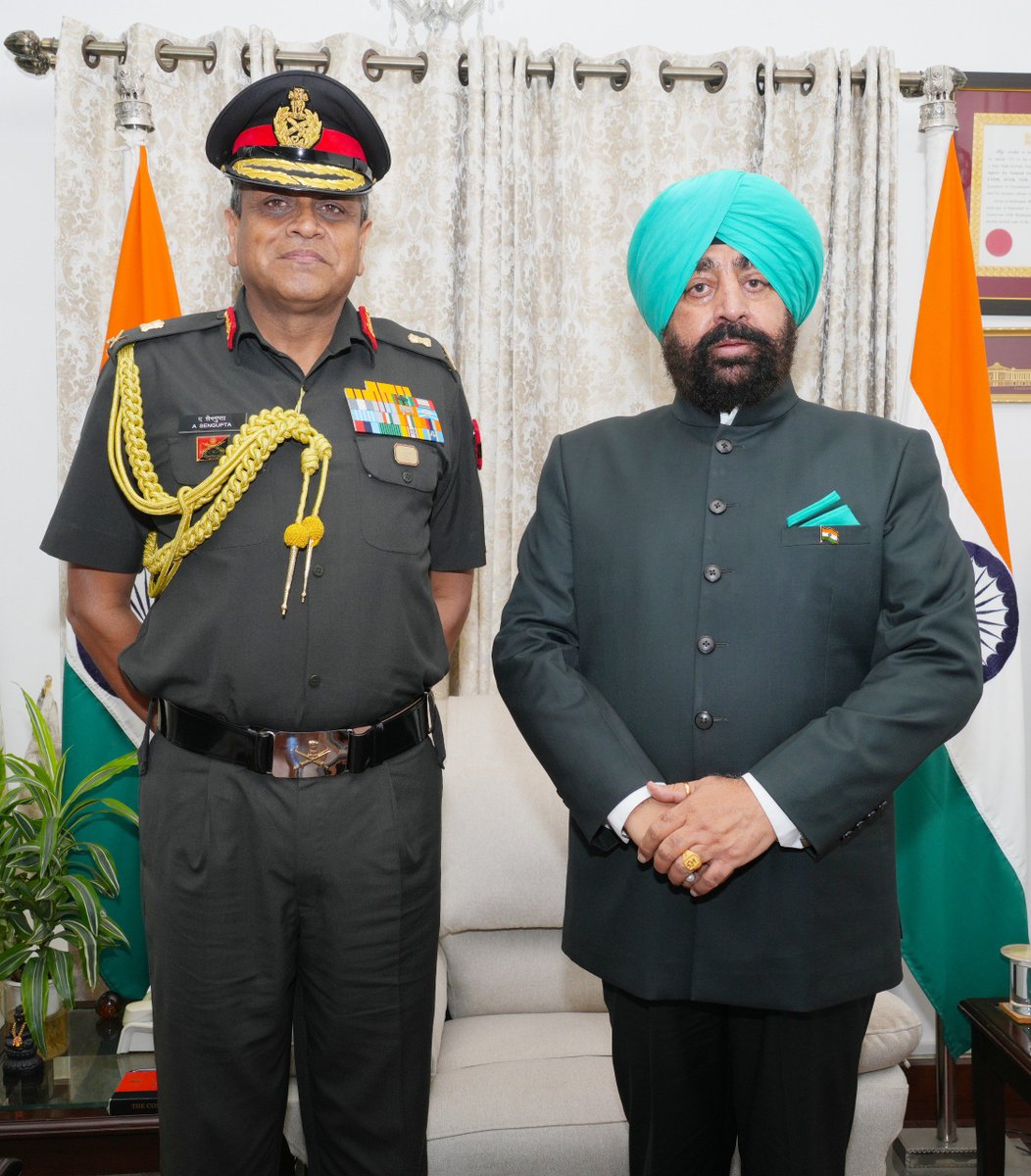 LtGenGurmit's tweet photo. Met Lieutenant General Anindya Sengupta, PVSM, UYSM, AVSM, YSM, GOC-In-C, Central Command, paid a courtesy call at Lok Bhavan today.

During the meeting, we had a meaningful exchange on Uttarakhand's strategic significance, the evolving national security landscape, and the welfare of ex-servicemen. The interaction reflected our shared commitment to strengthening national security and the well-being of the veteran community.

#JaiHind #NationFirst