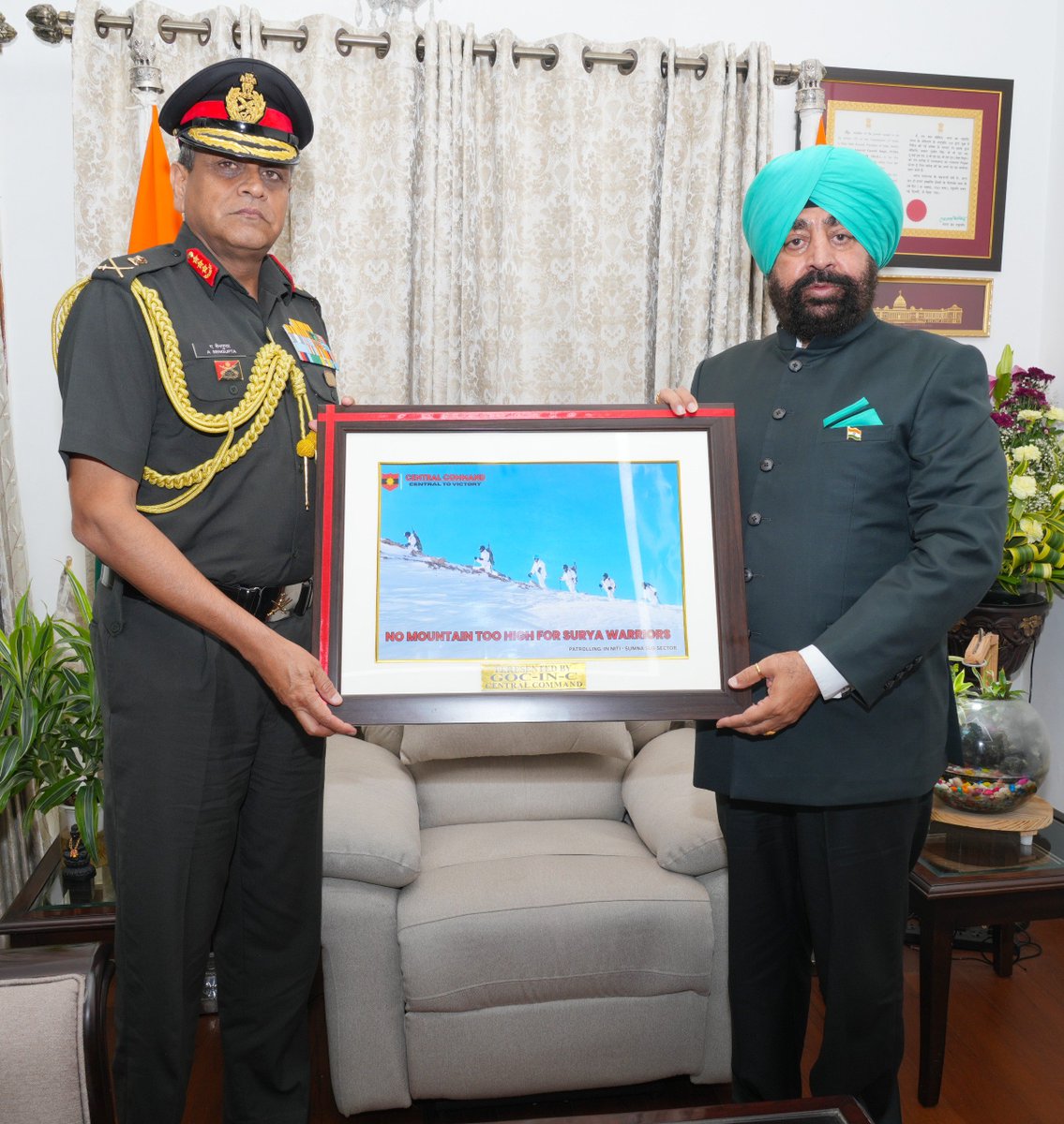 LtGenGurmit's tweet photo. Met Lieutenant General Anindya Sengupta, PVSM, UYSM, AVSM, YSM, GOC-In-C, Central Command, paid a courtesy call at Lok Bhavan today.

During the meeting, we had a meaningful exchange on Uttarakhand's strategic significance, the evolving national security landscape, and the welfare of ex-servicemen. The interaction reflected our shared commitment to strengthening national security and the well-being of the veteran community.

#JaiHind #NationFirst