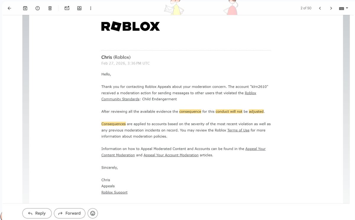 Klrn2610's tweet photo. I need your help. I was banned ~5 months ago on Roblox for 'inappropriate content/behavior' (Child Endangerment) and Roblox seems to be rejecting my appeals, and then when I sent a legal letter asking for manual review of my account's ban, they ignored it. My username is Klrn2610 https://t.co/cC3FMrYO31