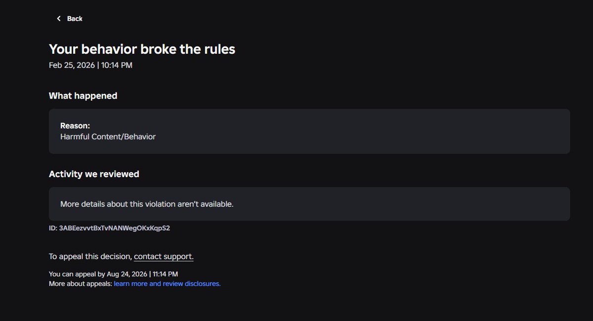 Klrn2610's tweet photo. I need your help. I was banned ~5 months ago on Roblox for 'inappropriate content/behavior' (Child Endangerment) and Roblox seems to be rejecting my appeals, and then when I sent a legal letter asking for manual review of my account's ban, they ignored it. My username is Klrn2610 https://t.co/cC3FMrYO31