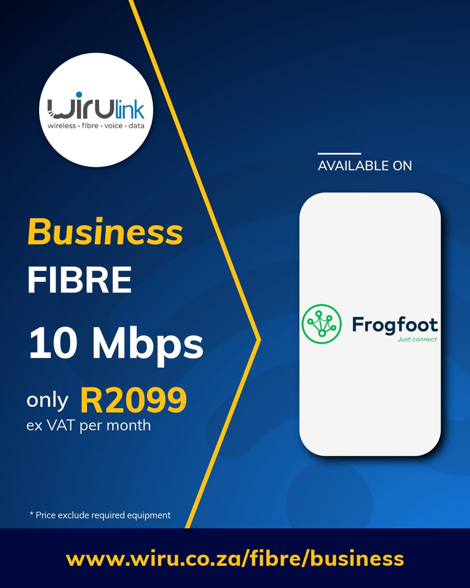 WIRUlink's tweet photo. Reliable 10 Mbps business fibre at R 2 099/pm — symmetrical speeds, no throttling, and support that actually picks up. Built for businesses that can't afford downtime. https://t.co/1Am8I0PodP #WIRUlink https://t.co/wjFeftn40T