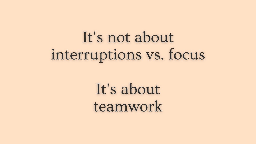 rafalsoftware's tweet photo. Should you allow team members to interrupt each other's work, or ensure uninterrupted, focused work? I suggest taking a step back and looking at this problem from a different perspective.

We know that uninterrupted work is good and frequent context switching is bad. We also know that interrupting your own work to improve the work of another team member is good, and prioritizing your own work at the expense of the team is bad. This issue provokes heated discussions, often leading to extreme opinions. In reality, both approaches can work, because it all depends on the team, individual differences between people, the problem we are solving, the specifics of the tasks, and the organizational culture.

In this post, I try to look at the problem from the perspective of real teamwork, rather than a set of rigid rules. When I write about "teamwork", I mean performing work in such a way that the team as a whole delivers as many high-quality results as possible. This work culture assumes that everyone is partly responsible for the team and the common result. Individual results are secondary.

If teamwork works, we don't need rigid rules. If someone's task depends on me (e.g., waiting for code review), I can interrupt my work to unblock it. But if I'm working on a key feature that the rest of the team's work depends on, I can be more assertive and focus on my task. Each time, I assess what effect my decision will have on the result of the entire team.

This level of self-organization is difficult and rare, so establishing rules regarding team member responsiveness may be the right solution.

If you would like to improve your team's self-organization, here are a few things to consider:

- How are people assessed, e.g., during evaluations or feedback sessions? Does it matter what a person delivered on time or whether they helped others? We are good at optimizing our work in terms of the metrics by which we are assessed.

- Are the team results sufficiently visible? My tickets are clearly visible, but the fact that I helped someone without bragging about it is not necessarily so.

- Does the organizational culture and communication support this approach? If someone refuses to help me immediately, I don't take it personally because I understand the reason.

- Are we aware of the differences between people? Some may be good at switching contexts but worse at working with sustained focus. Others may be able to work continuously on a task, but switching contexts is more detrimental to them.

- Are the team's priorities and goals known and understood by everyone?

- Do we know what other people are doing at any given time, and are we able to assess how important their tasks are in relation to the team's goals?