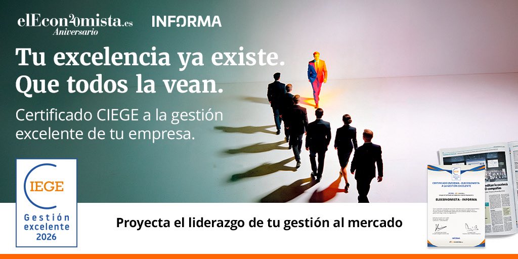 elEconomistaes's tweet photo. ¡La IX edición #CIEGE Ya está aquí! Inscríbete y no te quedes sin tu certificado🏆
Destaca ante todos la excelencia en la gestión de tu #empresa con el reconocimiento de elEconomista e @informa 👇
https://t.co/WxLX6IOuGG
🔸 Inicia el proceso de certificación realizando un test gratuito en la web
🔸 Haz que tu compañía sobresalga entre la competencia
🔸Forma parte de la gala de entrega y obtén mayor visibilidad con elEconomista
#gestiónempresarial #excelenciaempresarial #solvencia #empresario #pyme