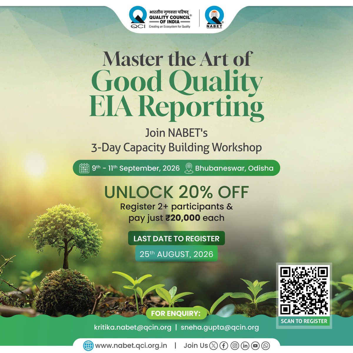 NABET_QCI's tweet photo. Good EIA reports don’t happen by accident- they’re built on the right expertise, at the right depth.

QCI-NABET brings a 3-Day Capacity Building Workshop on Preparing Good Quality EIA Reports to Bhubaneswar, Odisha from 9th - 11th September 2026. https://t.co/vAz4oOWAbf