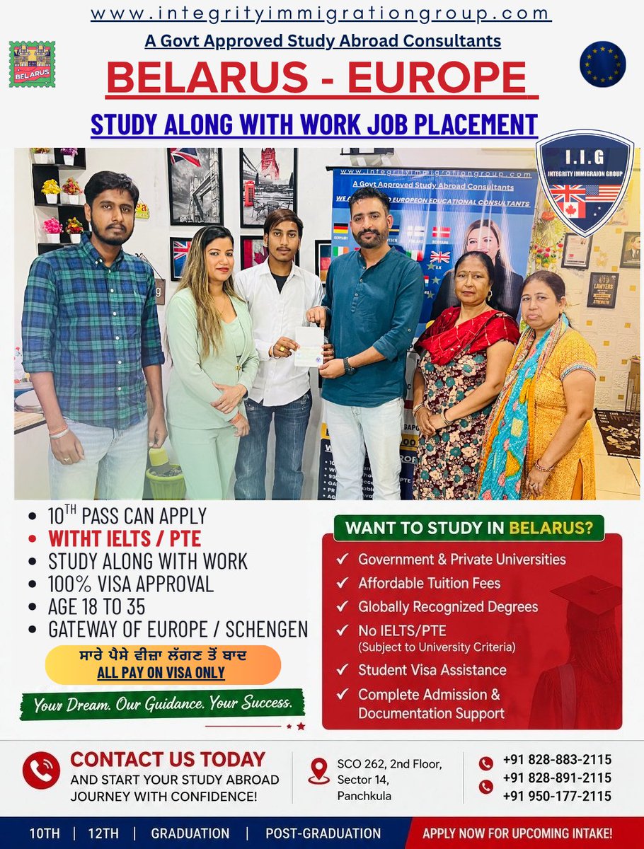 IntegrityImmigr's tweet photo. Congratulation dear 👩‍🎓Student 𝐤𝐫𝐢𝐬𝐡 from #haryana #Shahzadpur #ambala for your 🇧🇾Belarus 🇪🇺Europe Visa approval.

👉10th Pass
👉Without  IELTS/ PTE / TOEFL
👉1 + 4 Visa 
👉Age 18 to 35
👉100% JOB PLACEMENT
👉100% Visa Guarantee

👉 ALL PAYMENT VISA STAMPING

#belarus #euro https://t.co/ENAJP7yd2m