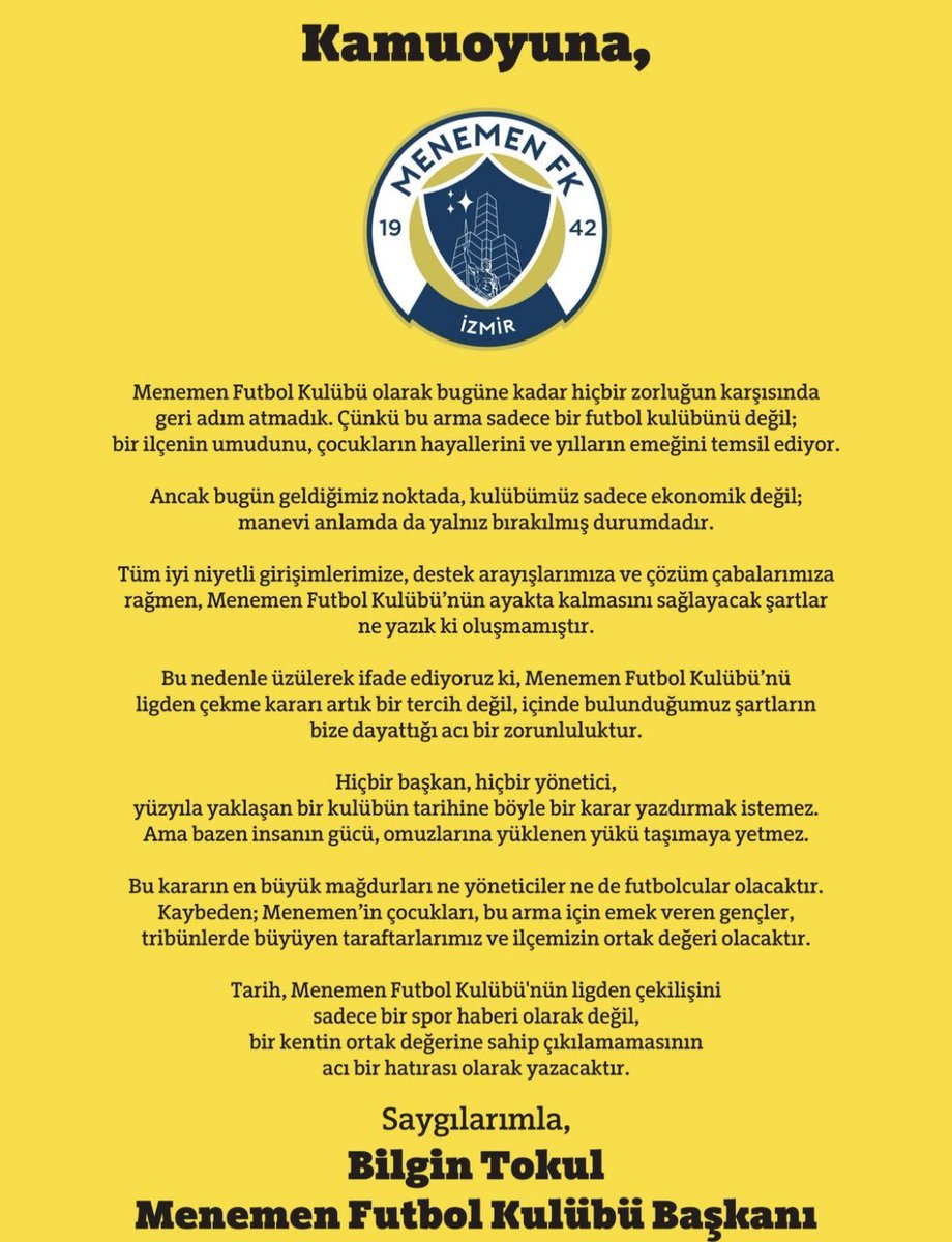 TurkiyeLigler's tweet photo. Menemen FK, ligden çekildiğini açıkladı.

#MenemenFK https://t.co/eekkVn94fq