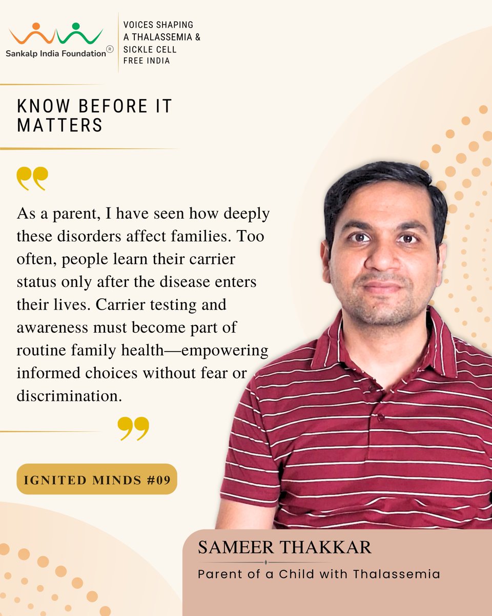 SankalpIndia's tweet photo. As parents, we protect our children from the risks we can see. Carrier testing reveals the ones we can’t before thalassemia or sickle cell disease enters a family’s life.
Sameer Thakkar explains why knowing before it matters can shape futures.
#IgnitedMinds #sankalpindia https://t.co/3rzBrVaFMv