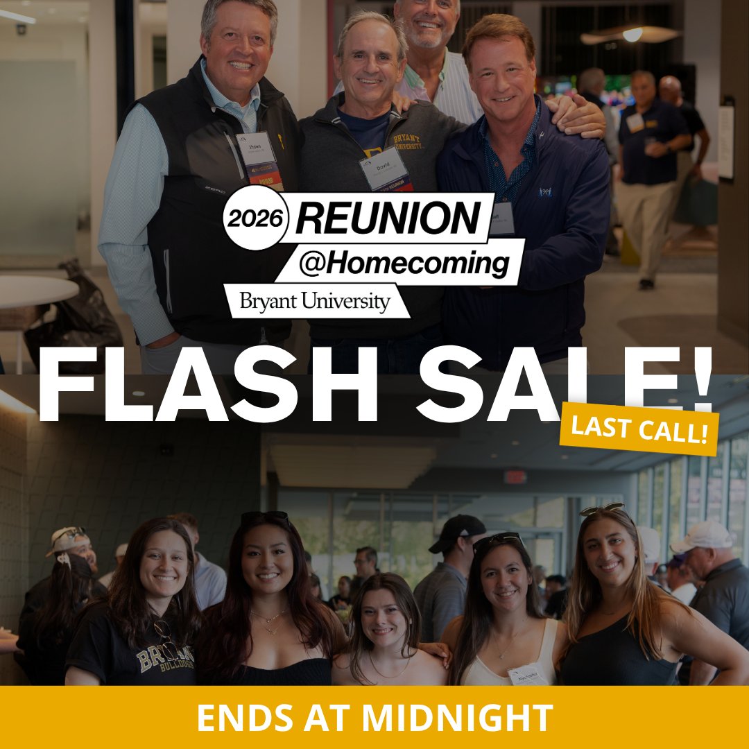 bryantalumni's tweet photo. ENDS TONIGHT: $10 off all* @BryantUniv Reunion events: https://t.co/jsbryjwD0A.

*excluding golf, game tickets, and parking passes https://t.co/ZmvknFFBjw