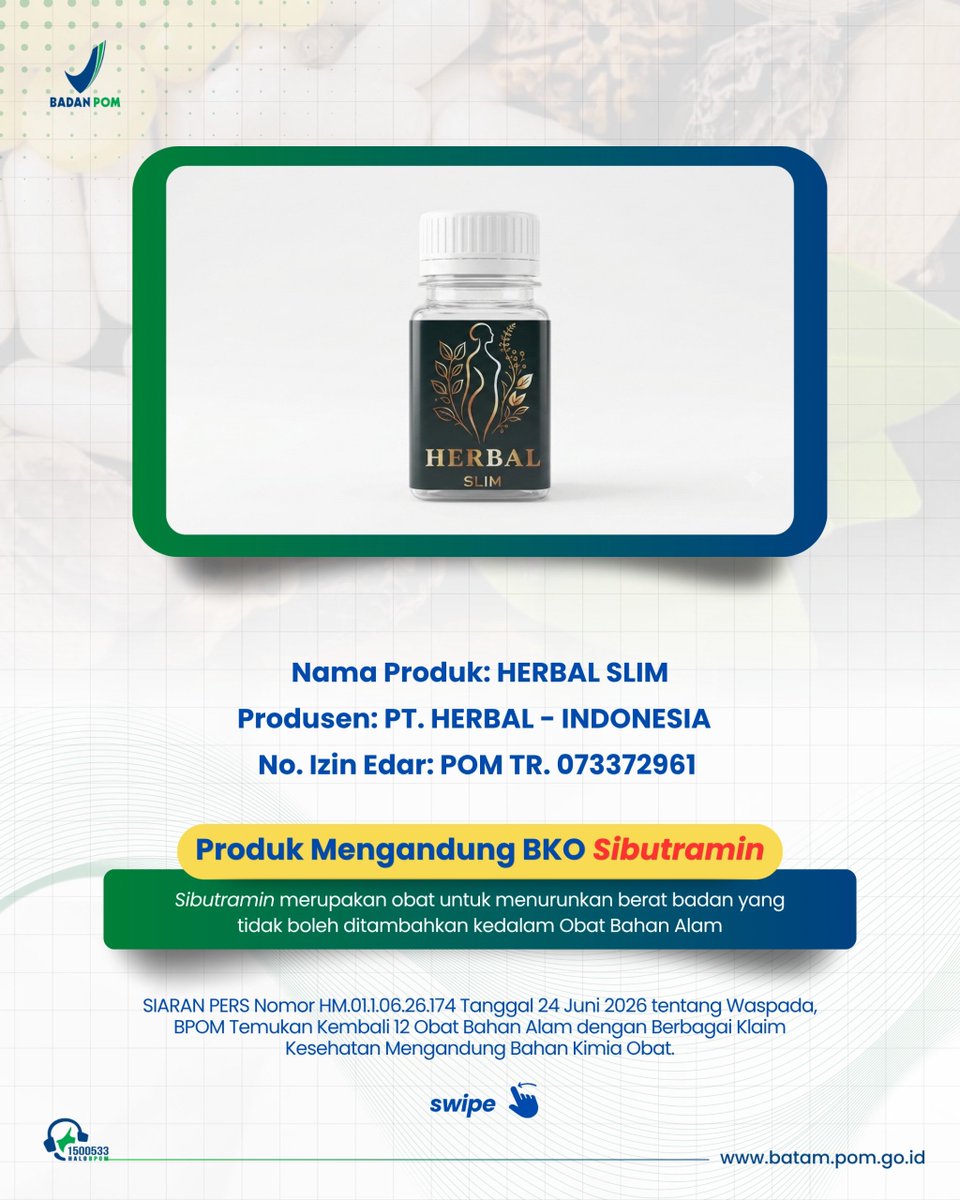 bpom_batam's tweet photo. Encik Puan, #SahabatBPOM. 

Jangan mudah percaya pada obat bahan alam yang mengklaim dapat mengatasi berbagai keluhan kesehatan tanpa memastikan keamanan dan legalitasnya.

Melalui SIAMBO, Balai POM di Batam mengajak masyarakat untuk lebih waspada terhadap produk obat bahan alam https://t.co/bqvj77bHys