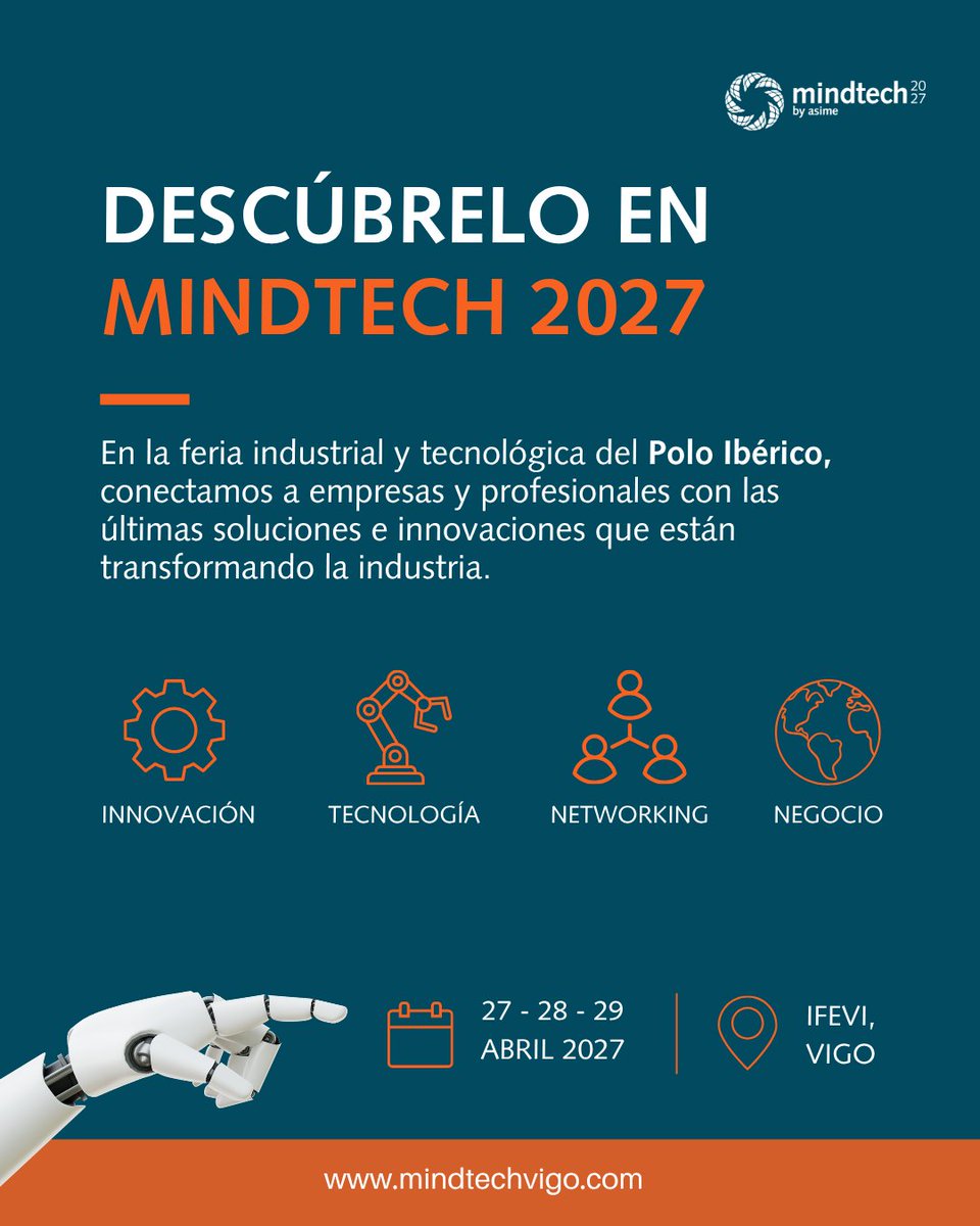 MindtechVigo's tweet photo. 🤖 La robótica está transformando la industria... 

Según el informe World Robotics 2025 de la IFR, hay más de 4 millones de robots industriales en el 🌏.

En #Mindtech, podrás descubrir las últimas innovaciones y tecnologías que están redefiniendo el sector.

📍27-29 abril 2027 https://t.co/mnJjgDWlpM
