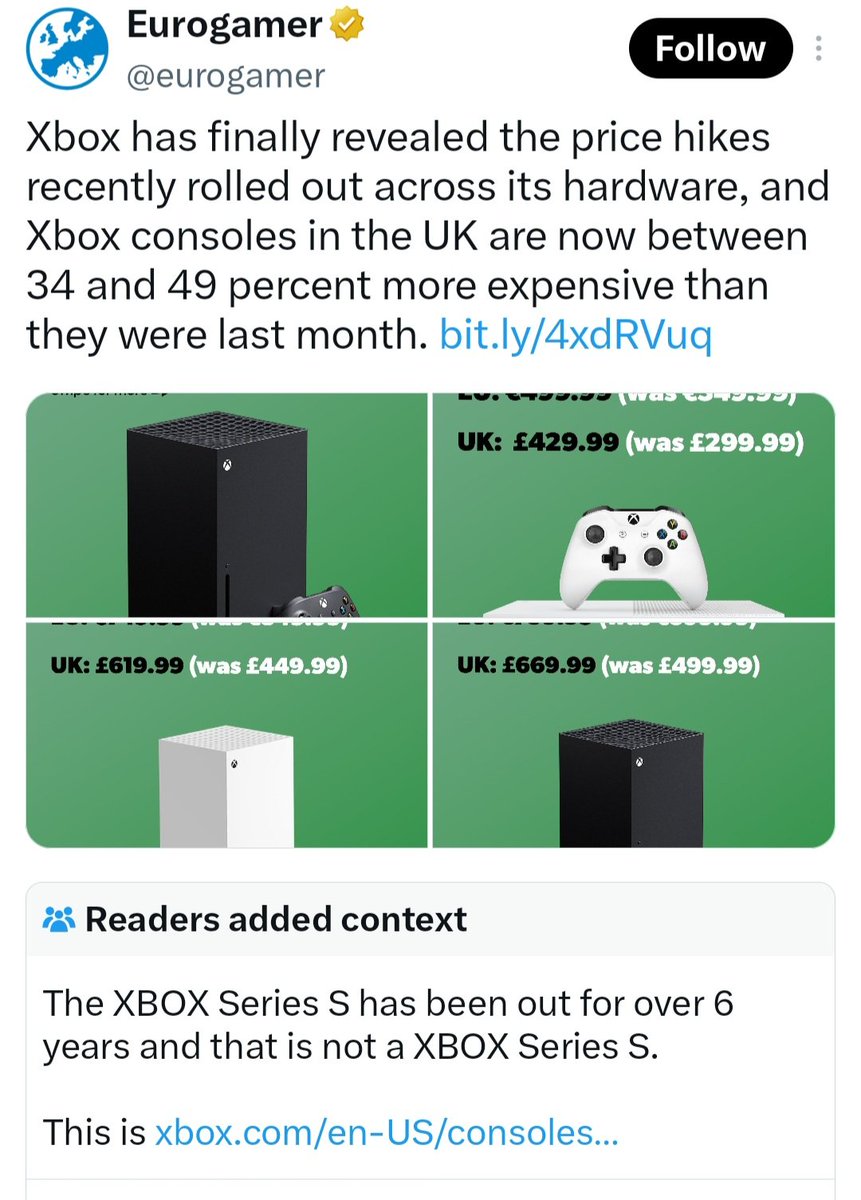 MrboomstickXL's tweet photo. Another well deserved "Community Note" for @eurogamer. The rush to get out another hit piece on @XBOX caused these knuckleheads to use a picture of the #XBOXOneS instead of the #XBOXSeriesS 😕 Top tier reporting from games media! https://t.co/N1rb0iKdU2