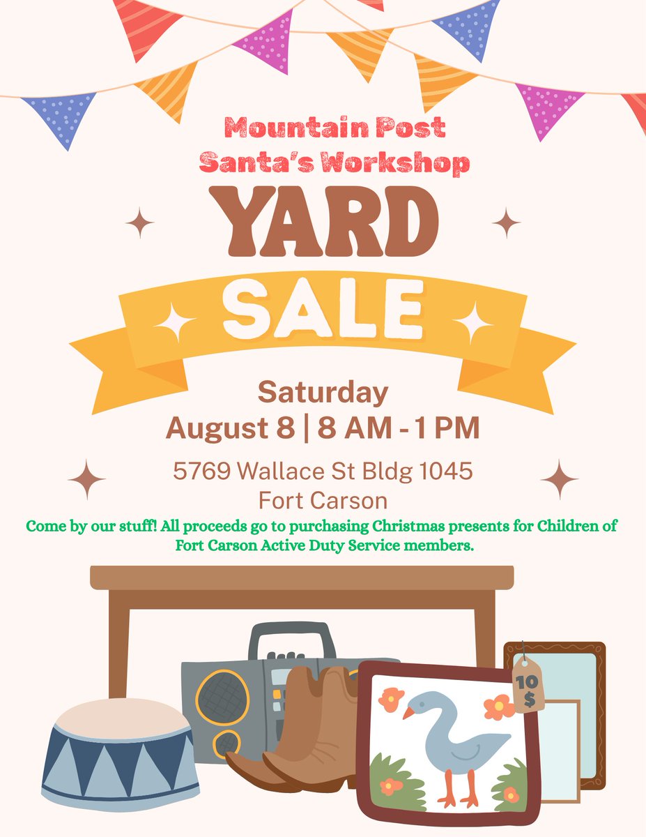 mpsws's tweet photo. 📷📷 TREASURE HUNTERS... THIS ONE'S FOR YOU! 📷📷
Looking for amazing bargains while making a difference? 📷 Join us at the Mountain Post Santa's Workshop Yard Sale!
📷 Saturday, August 8
📷 8:00 AM – 1:00 PM
📷 5769 Wallace St., Bldg. 1045, Fort Carson

Shop a wide variety of hidden treasures, household items, décor, toys, clothing, and so much more! Every purchase helps bring the magic of Christmas to children of Fort Carson Active Duty Service Members.

📷 Every dollar spent helps provide Christmas presents for military children who might otherwise go without.
Bring your friends, family, and neighbors—and come early for the best finds! You never know what treasure you'll discover!
📷 Shop. Save. Support. Give Back.

Together, we can make this Christmas brighter for our military families. 📷📷

#MountainPostSantasWorkshop #YardSale #ShopForACause #FortCarson #SupportMilitaryFamilies #CommunityStrong #ChristmasInJuly #TreasureHunt #GiveBack #MilitaryCommunity #FortCarsonEvents