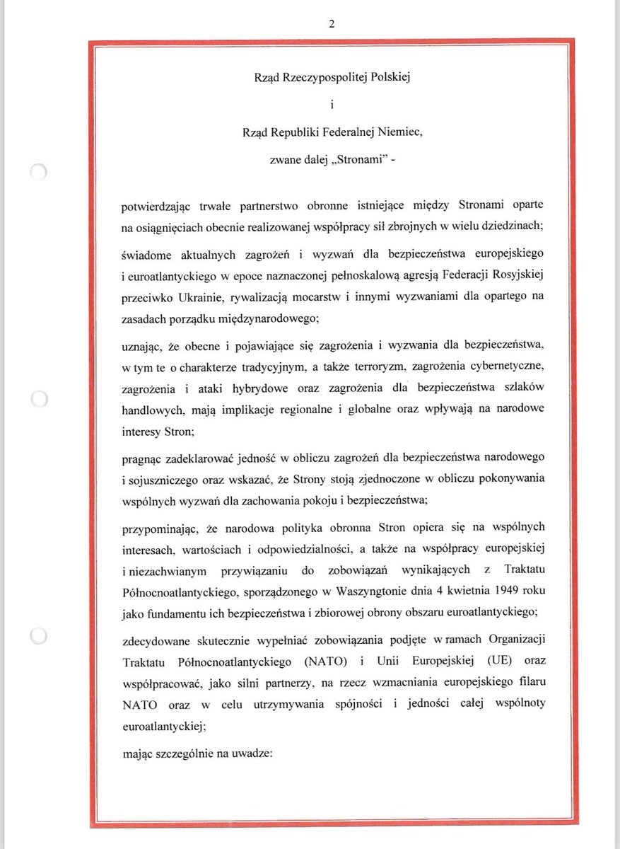 PRAWNICYdlaPOL's tweet photo. 📄 Pomagamy rządowi w realizacji obowiązku informacyjnego.

Skoro Ministerstwo Obrony Narodowej udostępniło nam pełny tekst polsko-niemieckiej umowy o współpracy w dziedzinie obronności w trybie dostępu do informacji publicznej, uznaliśmy, że warto pomóc w dotarciu z jej treścią również do opinii publicznej.

⚖️ Dokument jest jawny, nie zawiera załączników, a – jak poinformowało MON – po zakończeniu wymaganych procedur i wejściu w życie zostanie opublikowany w Monitorze Polskim.

🛡️ Do tego czasu każdy zainteresowany może sam przeczytać jego treść i wyrobić sobie własne zdanie.

Publikujemy więc umowę w całości – w kolejnych wpisach.⤵️

@MON_GOV_PL @BBN_PL @MSZ_RP @PAPinformacje @Defence24pl @Rzeczpospolita @niezaleznapl @wPolityce_pl @RepublikaTV @NATO @BMVg_Bundeswehr

#UmowaObronna #PolskaNiemcy #BezpieczeństwoPolski #Obronność #WojskoPolskie #InformacjaPubliczna #Jawność #NATO #EuropeanSecurity #DefenceCooperation