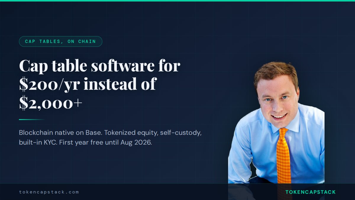 TokenCapStack's tweet photo. Cap table software costs more than most SaaS tools founders actually use. TokenCapStack runs $200/year instead of $2,000+. Blockchain native, live on Base, with tokenized equity and self-custody. First year free until Aug 31, 2026. https://t.co/HO3hrzjNVj