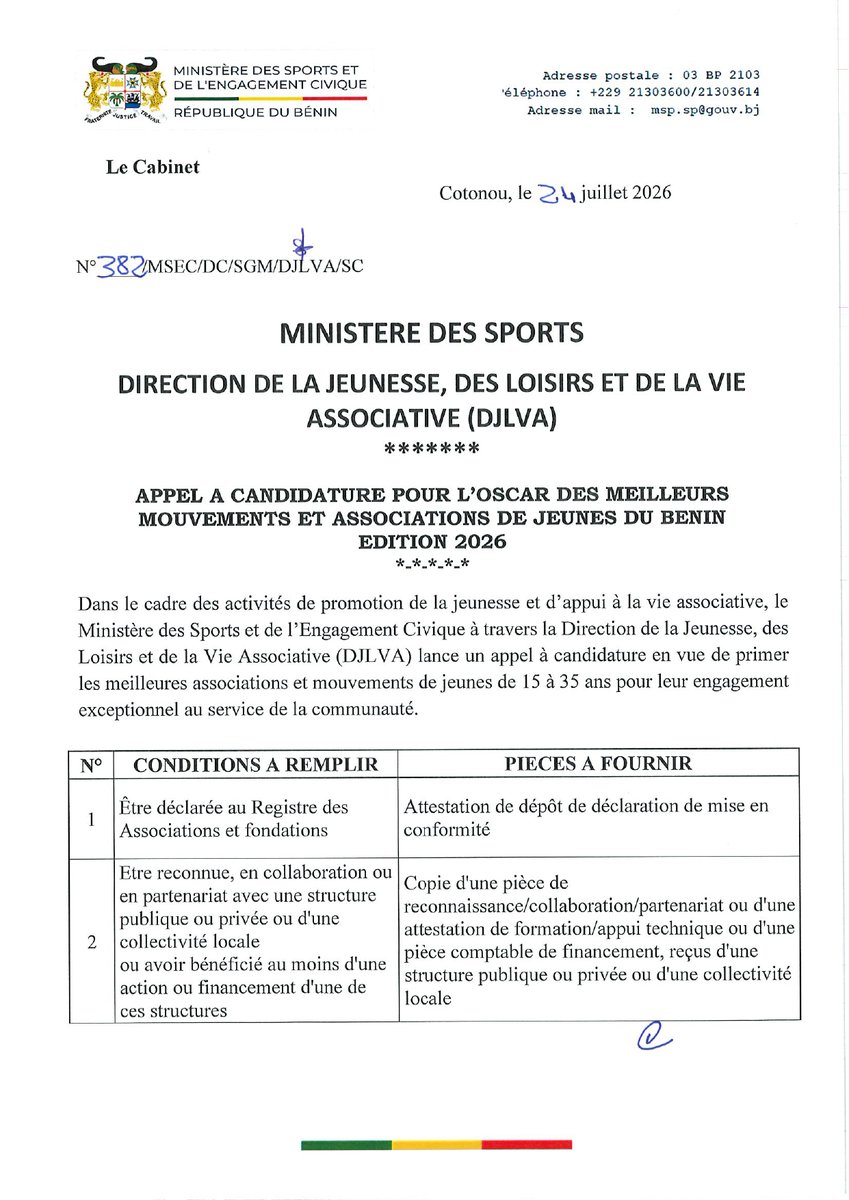 africaho1's tweet photo. Le ministère des Sports a lancé un appel à candidatures dans le cadre de l'édition 2026 de l'Oscar des meilleurs mouvements et associations de jeunes du #Bénin.
#wasexo #waxeho https://t.co/bTbzTOjmTT