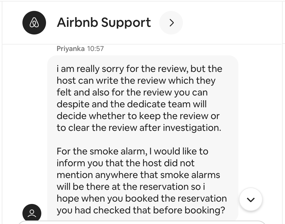 woodallthoughts's tweet photo. @AirbnbHelp Dear AirBnB, it is now six days since I contacted you to tell you about a serious fire safety issue in an apartment in Lille, France where it is mandatory to have smoke alarms in place. This is what your support staff said to me this morning - it is not acceptable. https://t.co/k7W17bcocP
