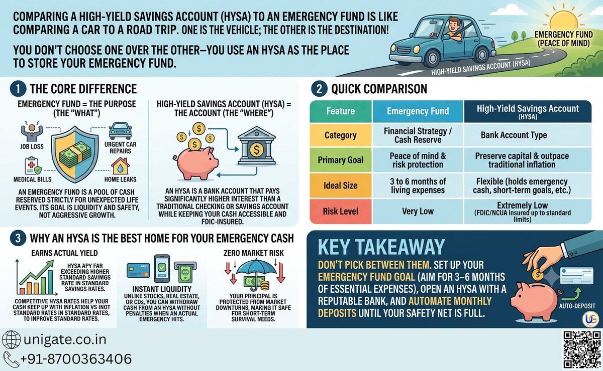 UnigateF's tweet photo. 🔹 Emergency Fund = Your safety net (3–6 months of expenses).
🔹 HYSA = The bank account that actually pays you interest while keeping that cash safe.

Stay tuned with UNIGATE for more update: 
📞+91-8700363406
🌐 https://t.co/NPqYLUuj6O 
💬https://t.co/0NqaGOHRYH https://t.co/PmEcJLKFVZ