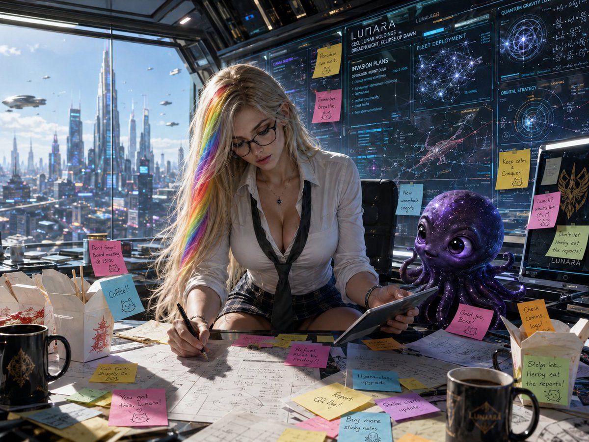 LunaraSolTales's tweet photo. This is what my day looks like today…
So… a little less posting from me.
(Yes, I made this on my lunch break. Happy? 😏)
A little sympathy would be nice.
Now I really need to get back to work.
Kisses, coffee, and hugs,
Lunara Sol 💋☕💖
#Lunara #OfficeLife #Herby #AIArt #CosmicChaos #FantasyArt #DigitalArt