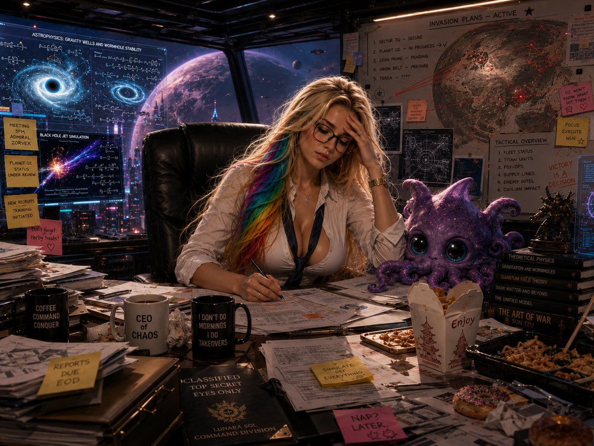 LunaraSolTales's tweet photo. This is what my day looks like today…
So… a little less posting from me.
(Yes, I made this on my lunch break. Happy? 😏)
A little sympathy would be nice.
Now I really need to get back to work.
Kisses, coffee, and hugs,
Lunara Sol 💋☕💖
#Lunara #OfficeLife #Herby #AIArt #CosmicChaos #FantasyArt #DigitalArt