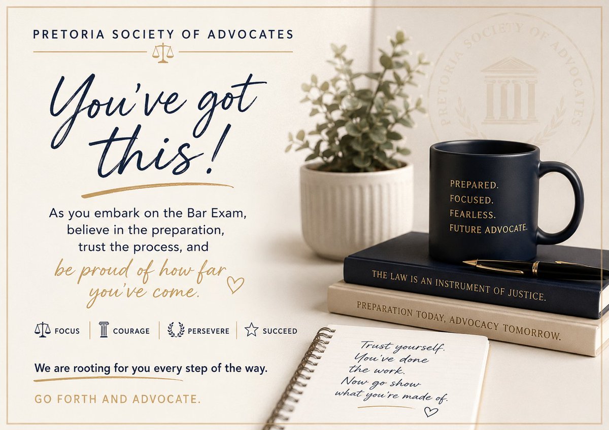 PretoriaBar_'s tweet photo. To all our pupil members of the Pretoria Bar: as you embark on this important milestone, trust in your preparation, remain steadfast, and remember how far you have already come.
We are rooting for your success in the Bar Exams.
#BarExams #Pupillage #FutureAdvocates https://t.co/9T4eWtMKJs