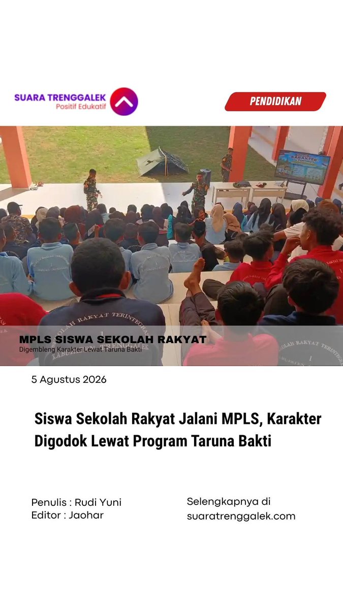 SuaraTrenggalek's tweet photo. Sekolah Rakyat Terintegrasi (SRT) 1 Trenggalek terus melaksanakan rangkaian Masa Pengenalan Lingkungan Sekolah (MPLS) bagi peserta didik baru.
#Trenggalek #trenggalek24jam #sekolahrakyat #mpls #murid https://t.co/JdLj37shbX
