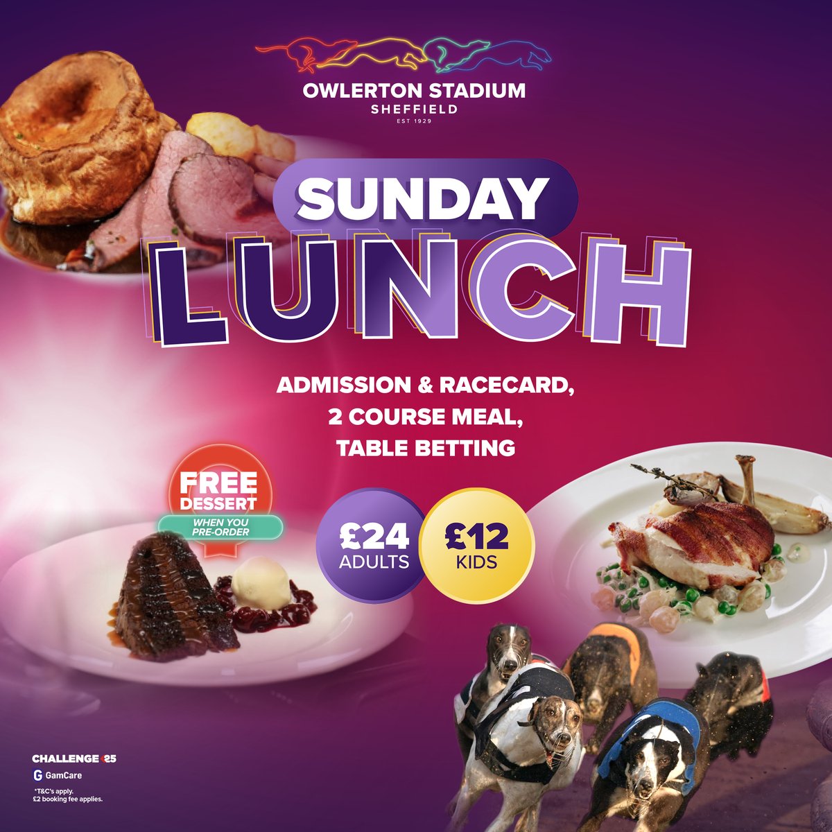 OwlertonStadium's tweet photo. Sunday is for letting someone else do the cooking. 😌

You bring the appetite.

We'll take care of the two-course lunch, the live greyhound racing and, if you've pre-ordered, dessert too. 🍰🐾

😝 https://t.co/V45aNAl4BK https://t.co/7PSeh03mjC