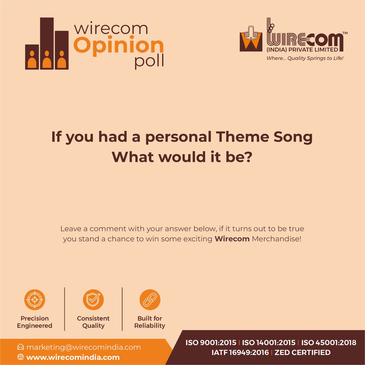 WirecomIndia's tweet photo. 🎵 What's the soundtrack of your life?
If you had a personal theme song, what would it be?
Drop your answer in the comments and tell us why you chose it. The most creative and engaging responses could win exclusive Wirecom merchandise!
#wirecomopinionpoll #opinionpoll #themesong https://t.co/QlgDAWa2OR
