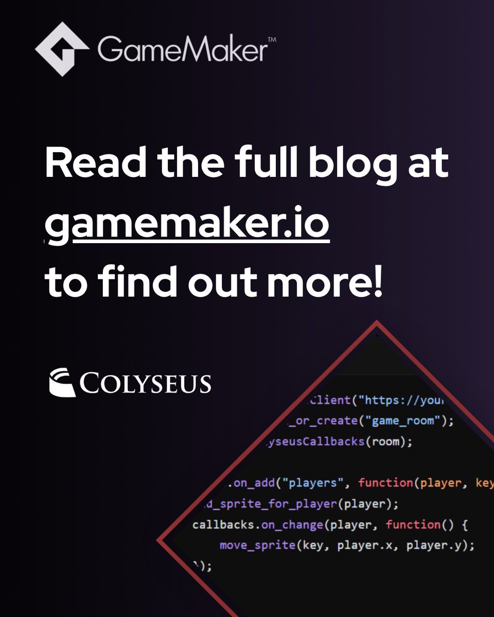 GameMakerEngine's tweet photo. We spoke to the team behind Colyseus about their new GameMaker extension, so If you've been thinking about adding online multiplayer to your next GameMaker project, this is a great place to start.
🔗  https://t.co/5GGxzHCfA5 https://t.co/mAijtywawI