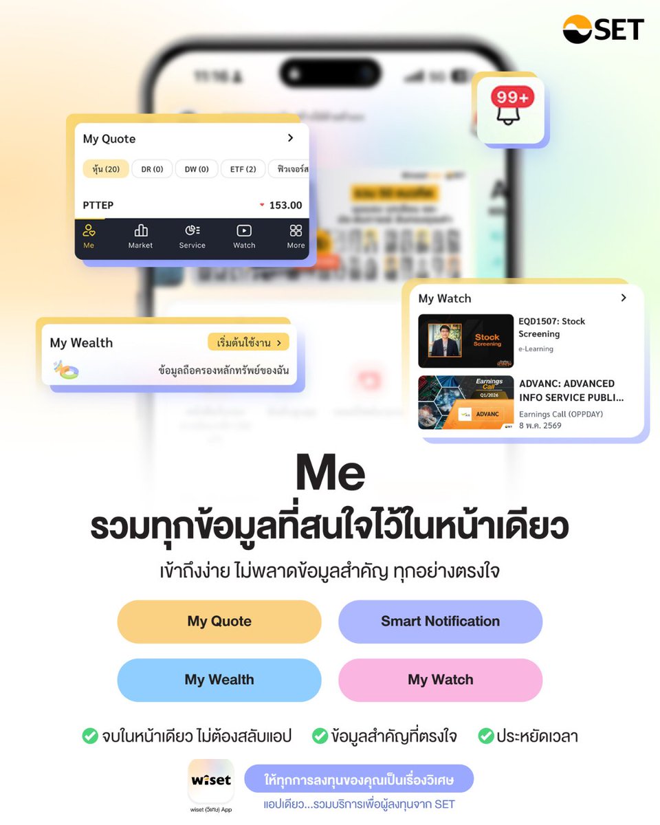 SET_Thailand's tweet photo. เปิดหน้า Me ทีไร เจอแต่สิ่งที่ใช่สำหรับคุณ ⚡wiset รวมหุ้นที่ติดตามใน My Quote เช็กสินทรัพย์ใน My Wealth ตามข่าวใน My Watch พร้อมแจ้งเตือนสำคัญผ่าน Smart Notification ครบในหน้าเดียว ดาวน์โหลด wiset วันนี้ 🔗https://t.co/Y7Qh3zwRpk  #wiset #แอปใหม่จากSET #PersonalizedDashboard #SmartNotification #Watchlist #SETThailand