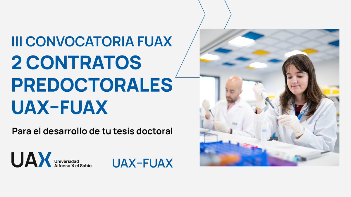 uaxuniversidad's tweet photo. 🔬 Abierta la III Convocatoria FUAX de Contratos Predoctorales UAX–FUAX.

Desarrolla tu tesis en Biología Regenerativa y Nuevas Terapias, Investigación Clínica y Traslacional o Salud Veterinaria.

📅 Hasta el 30/09/2026.
👉 https://t.co/ciq4baYAi4

#Doctorado #Investigación #UAX https://t.co/dwiHfCXpDf