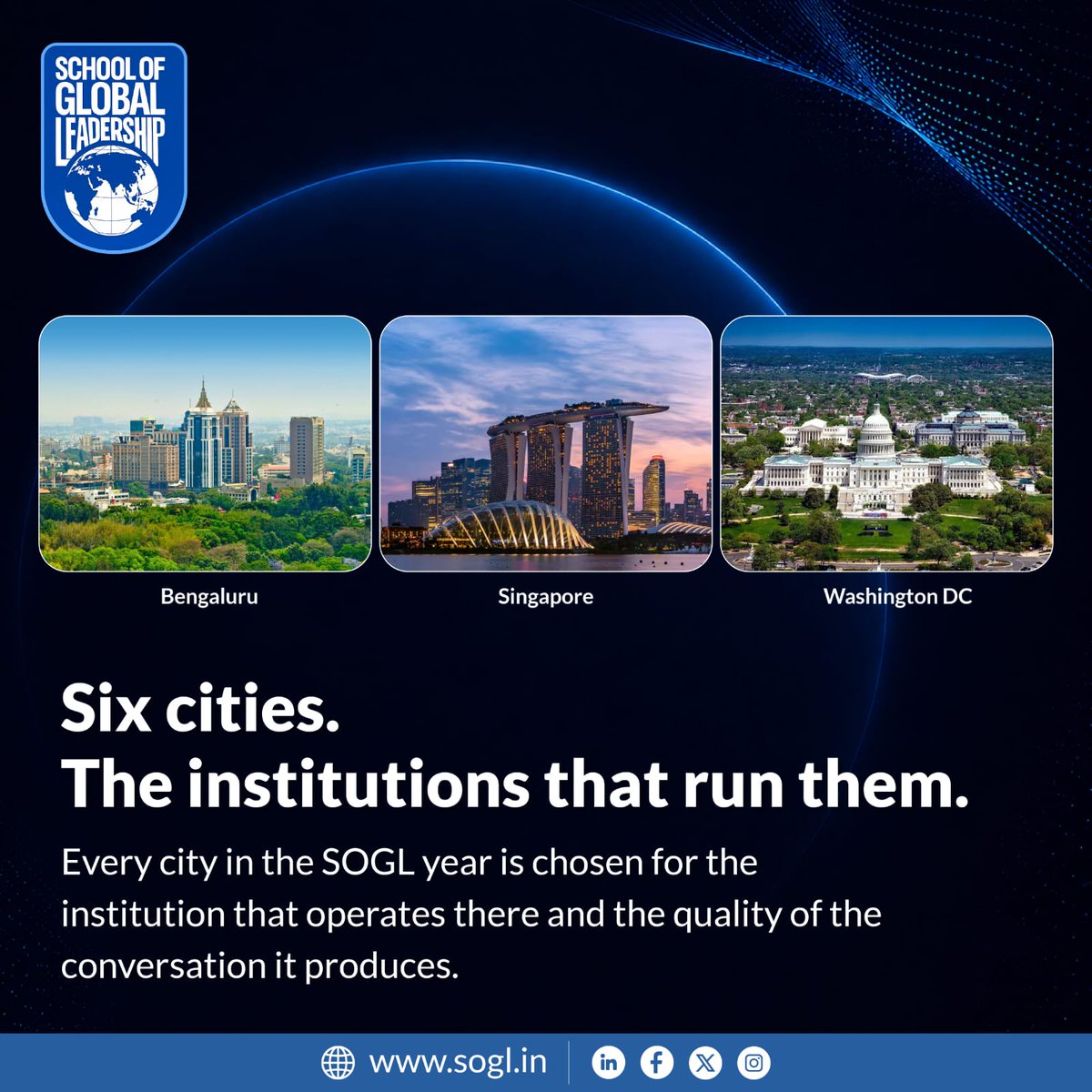 SoGL_Official's tweet photo. Six cities. One global leadership journey.
From Bengaluru to Singapore and Washington, DC—learn where ideas are shaped, policy is influenced, and innovation happens.
Lead across borders. Build the future.
Learn more: https://t.co/wu79XdxuGb
#SOGL #GlobalLeadership https://t.co/g76hygmSty