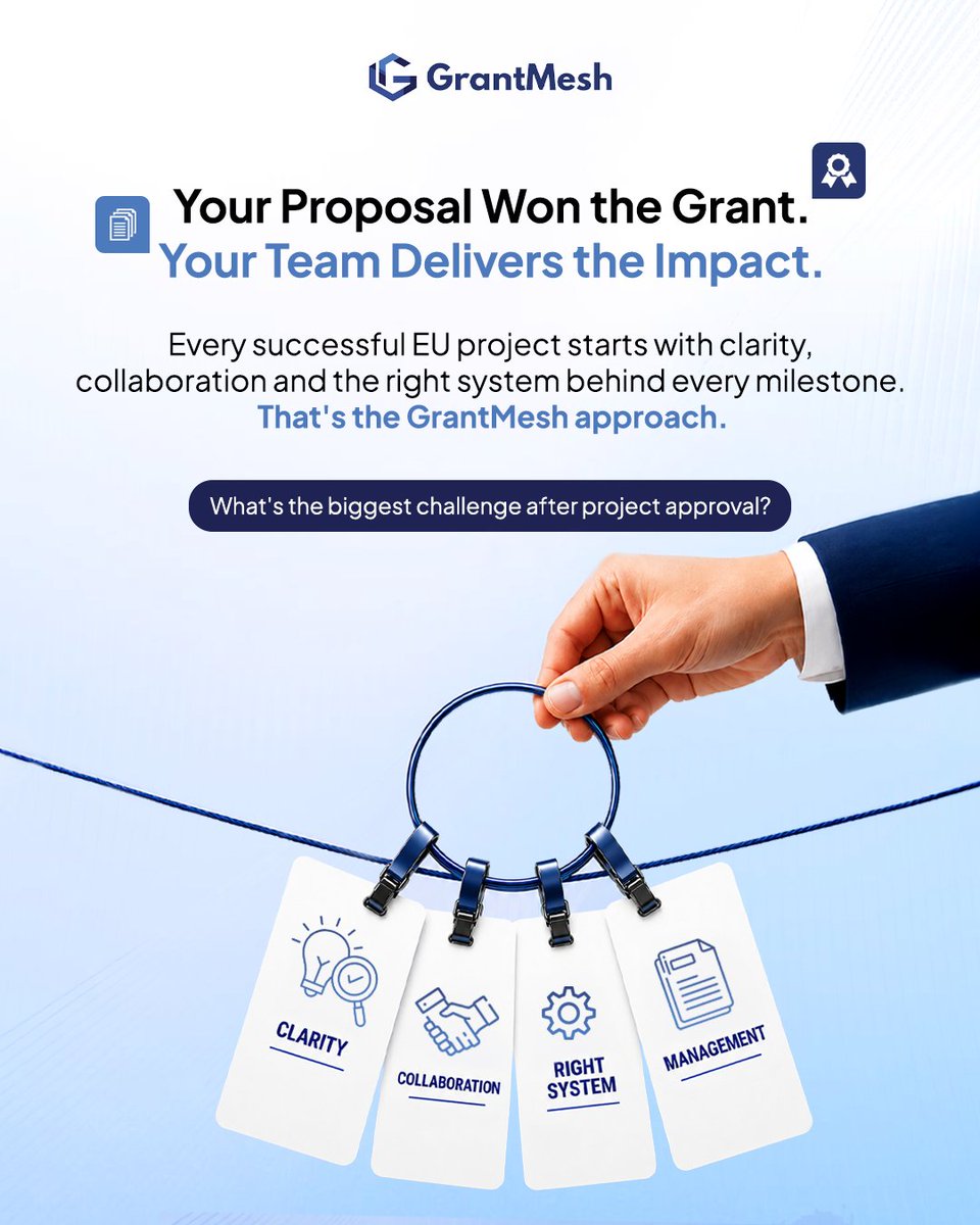 GrantMesh's tweet photo. The real impact comes from how well your project is managed after approval.

Clear collaboration, organised workflows, and timely delivery are what turn funding into meaningful outcomes. That's the GrantMesh approach

#GrantMesh #EUProjects #ErasmusPlus #ProjectManagement https://t.co/M6Iy2AEjT3