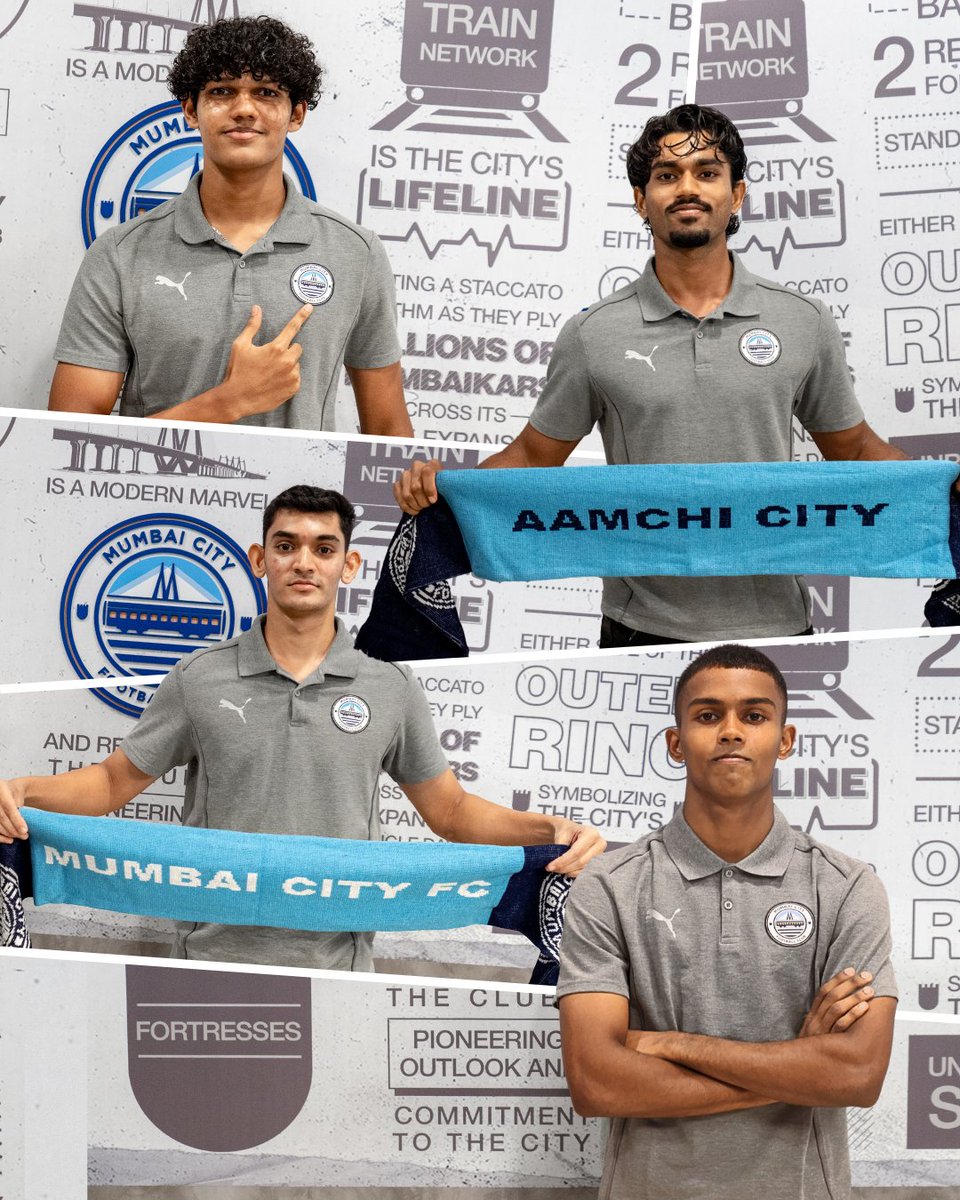 MumbaiCityFC's tweet photo. From our youth setup to the first team, the journey continues 🫡🩵

Steiner D’Souza (Defender) and Yuvraj Kadam (Winger) join Aadil Sheikh (Midfielder) and Harsh Kadam (Goalkeeper) who continue, as local players and youth team products signing professional contracts this season. https://t.co/eEaqxtzrY6