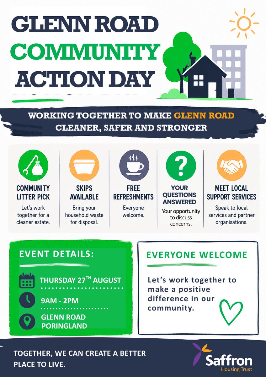 SaffronHousing's tweet photo. 📣Residents of Glenn Road, Poringland, join us on 27th August, 9am-2pm for support, refreshments &amp; community action! A skip will be provided #PoringlandEvents #CommunityActionDay #GlennRoadCommunity #SouthNorfolkSupport #CommunityLitterPick #LocalSupportServices https://t.co/TKLhMSXNoJ