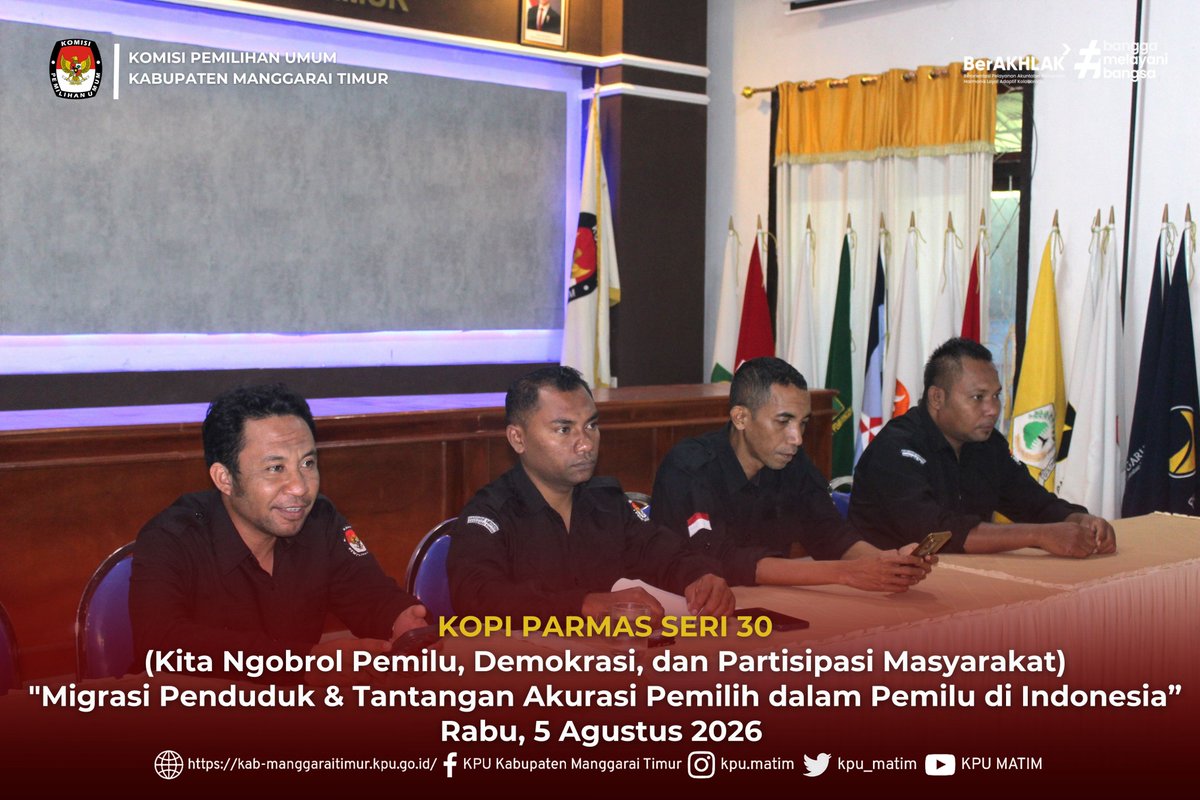 kpu_matim's tweet photo. #TemanPemilih, Ende, Ema, Ase, Kae, Lawa Manggarai Timur Ata Momang Dami

KPU Kabupaten Manggarai Timur ikuti KoPi Parmas Seri 30 Bersama KPU Provinsi NTT, Rabu (5/8/2026). Berita selengkapnya kunjungi : 🌐Web : https://t.co/y65FeUWcp4

#kpumanggaraitimur
#kpumelayani https://t.co/WUI3X8nSXg