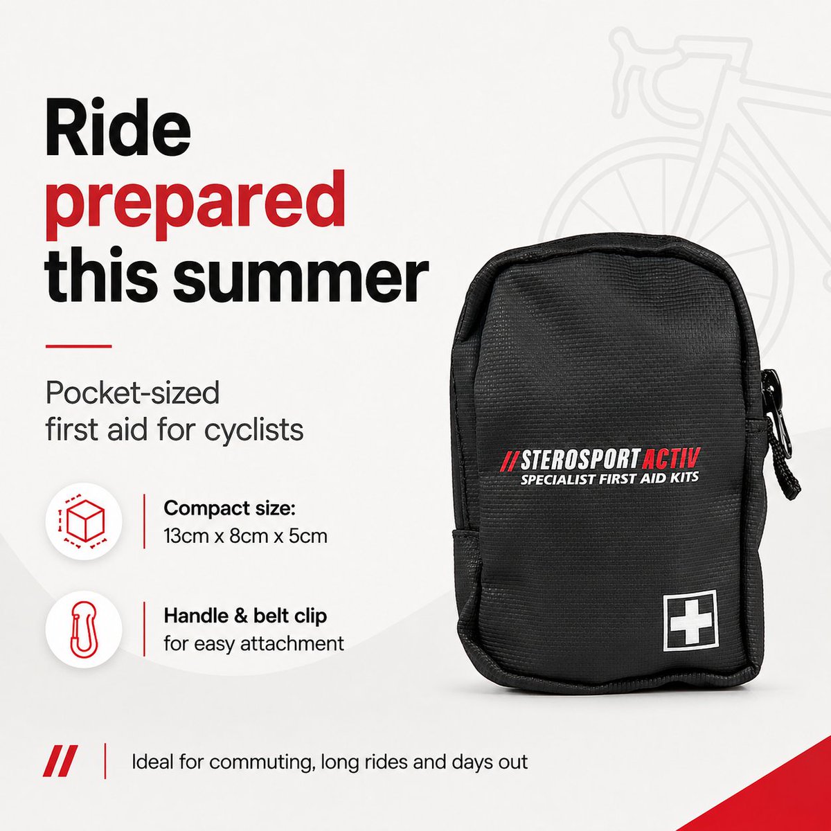 Steroplast's tweet photo. Heading out by bike this summer? 🚴 Stay prepared for cuts and grazes with the Sterosport Commuter Pocket First Aid Kit. At just 13 × 8 × 5cm, it clips easily to your belt or bag.

Buy here: https://t.co/6L4amlE3wl

#CyclingSafety #SummerCycling https://t.co/mVICii7E0Z