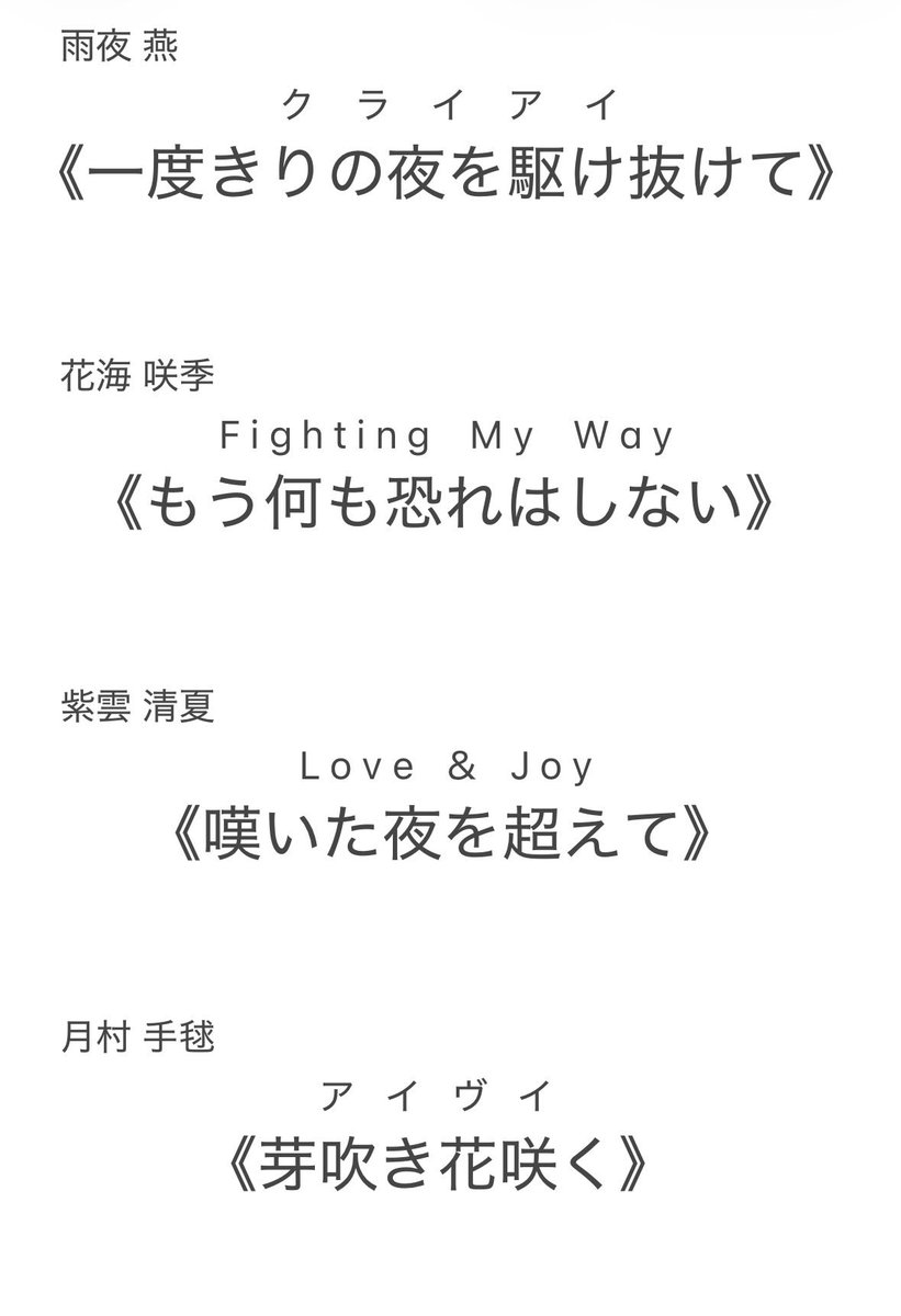Minazuki_Kikyou's tweet photo. 学マスの曲名と歌詞を掛け合わせて異能バトル物の能力(技)名を考えるやつ、例として他にもいくつか考えてみたけどパッと思いついたのはこの辺り https://t.co/OKoqyewSva