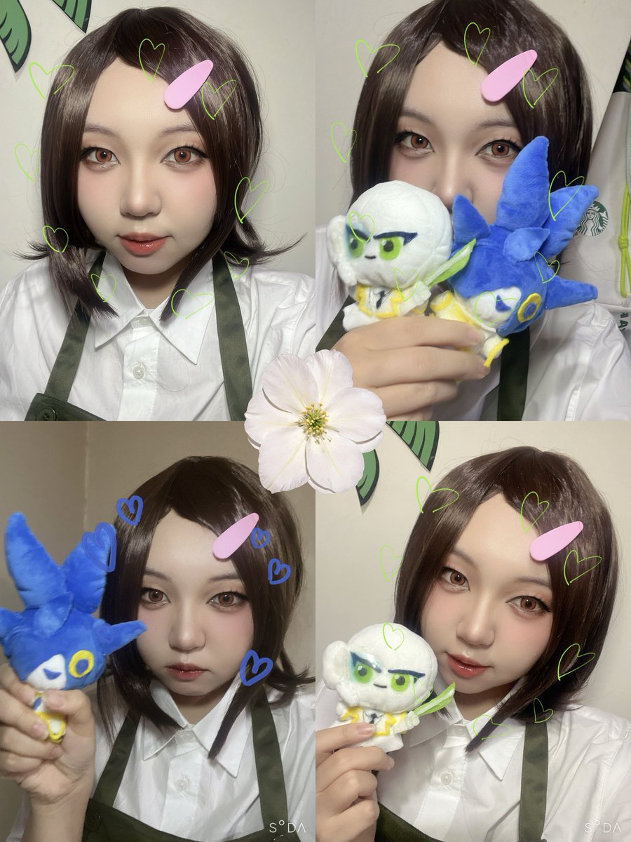 yellowiiou's tweet photo. #MARIKINonline4
#後輩ちゃん
準備前往MO4咖啡的試妝
原本很煩惱要不要出���色？🥹
但我突然想到我可以出後輩啊🤍
而且還是咖啡廳制服☕️
💚💙🐟👔
然後娃娃也是成功趕出來了 https://t.co/o04byEUlIl
