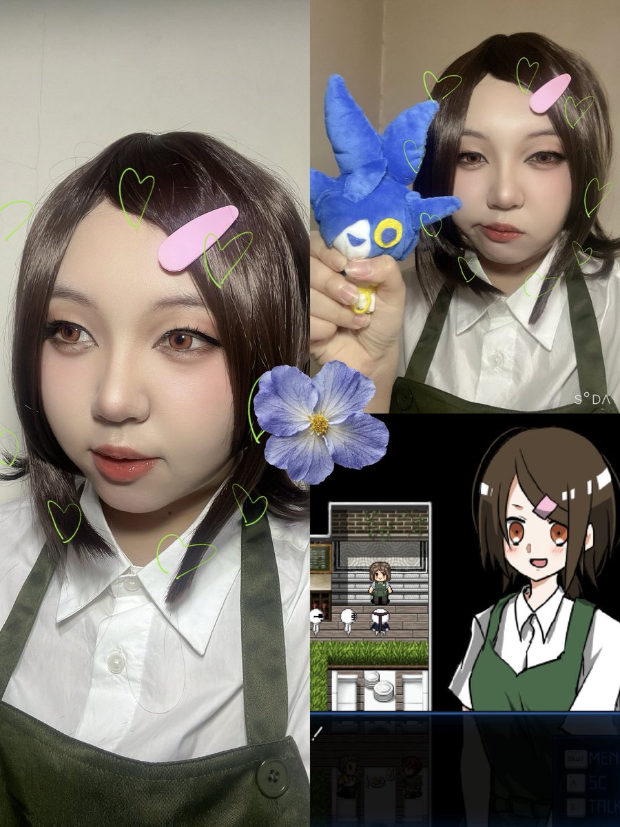 yellowiiou's tweet photo. #MARIKINonline4
#後輩ちゃん
準備前往MO4咖啡的試妝
原本很煩惱要不要出���色？🥹
但我突然想到我可以出後輩啊🤍
而且還是咖啡廳制服☕️
💚💙🐟👔
然後娃娃也是成功趕出來了 https://t.co/o04byEUlIl