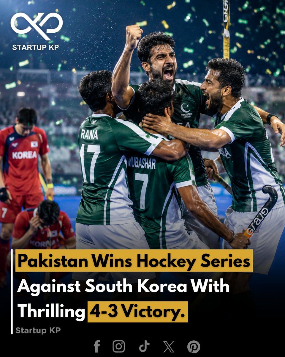 theStartupkp's tweet photo. Pakistan secured an exciting 4–3 victory over South Korea, sealing the hockey series after a hard-fought contest. 

#thestartupkp #PakistanHockey #hockey #southkorea #victory #TeamPakistan #SportsNews #internationalhockey  #champions #BreakingNews #pakistansports https://t.co/UoM0JVADgK