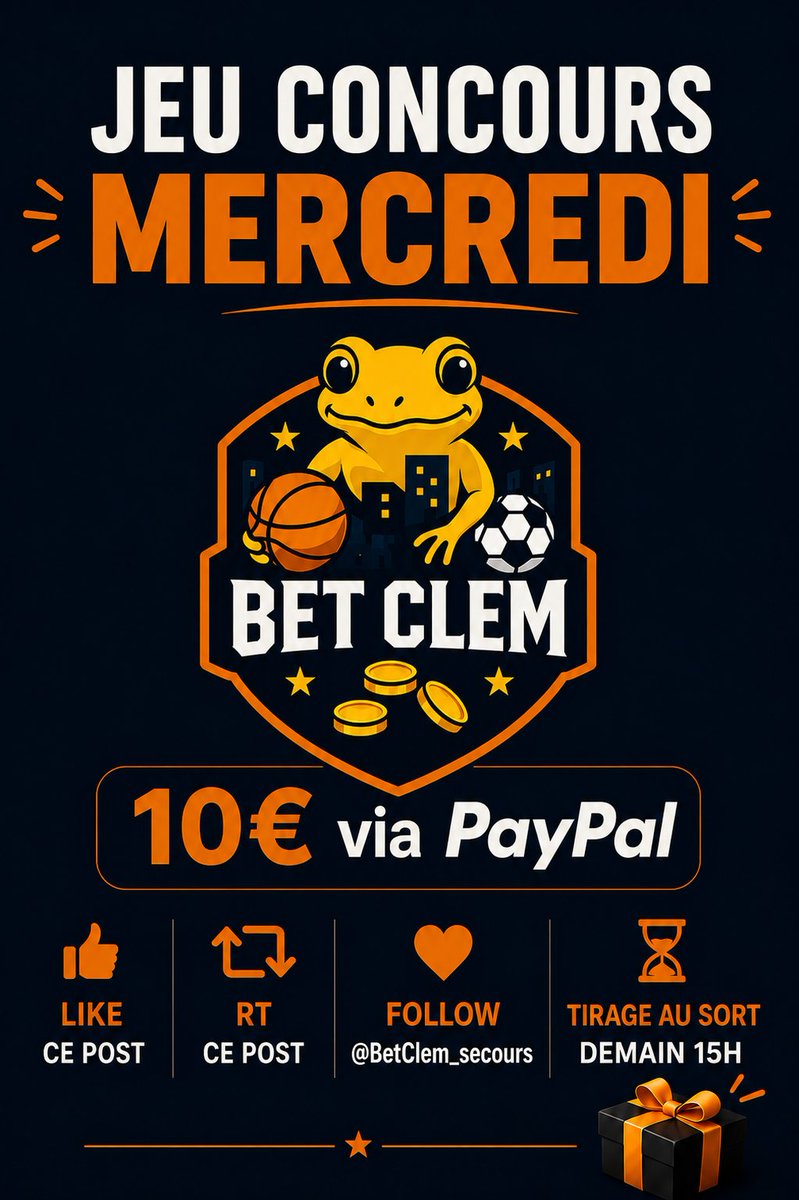 BetClem_'s tweet photo. 🎁 JEU CONCOURS MERCREDI 🎉

10€ À REMPORTER EN PAYPAL 💸

POUR PARTICIPER 👇
👉 RT ♻️ ET LIKE ♥️ CE POST
👉 FOLLOW @BetClem_

Tirage au sort demain à 15h00⏳
#TeamParieur https://t.co/6fH59SAsH4