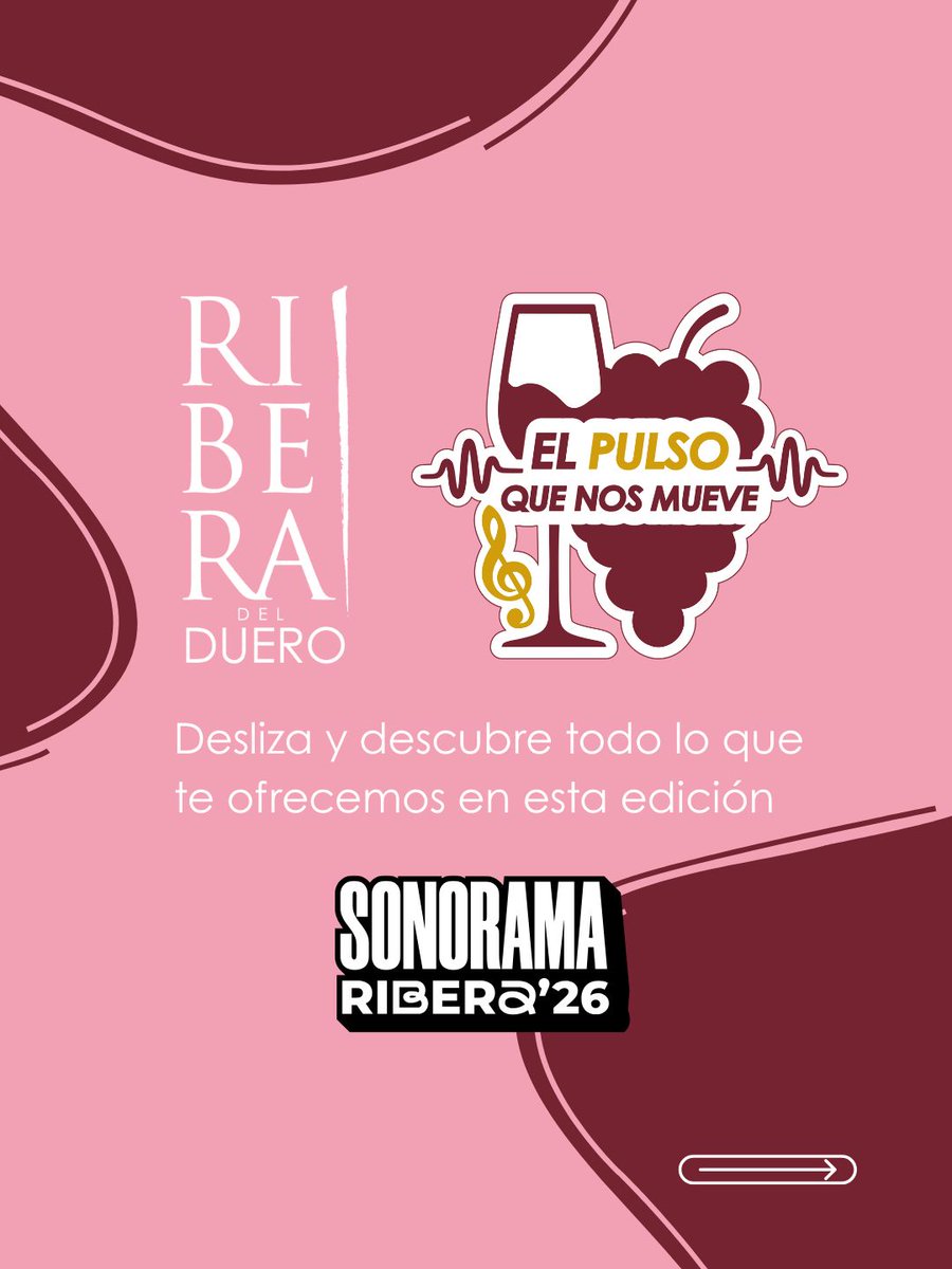 DORibera's tweet photo. Ribera del Duero, patrocinador principal de Sonorama Ribera 2026 @sonoramaribera 

Del 5 al 9 de agosto, la Denominación de Origen Ribera del Duero acompaña una de las citas musicales más importantes del panorama nacional con una propuesta pensada para acercar nuestros vinos a un público amplio y diverso.

La presencia se articula en torno a dos winebars en el recinto —General y VIP—, con un total de 52 referencias entre blancos, rosados, claretes y tintos.
🍷 Winebar General:
Bodega Matarromera @Matarromera 
Bodega Doble R 
Bodega Cantamuda 
Bodegas Federico @BodegasFederico 
Bodegas Yllera @bodegasyllera 
Bodega Páramo Arroyo 
Bodegas Pascual @export2 
Finca Torremilanos @Torremilanos 
Bodegas Valparaíso @Valparaisowine 
Bodegas Viña Mayor @Vina_Mayor
 Bodegas Lleiroso @bodegaslleiroso 
Bodegas Valderiz @ByV_VALDERIZ 
Finca Villacreces @FcaVillacreces 
Bodegas Pradorey 
Bodega Alonso del Yerro @AlonsodelYerro 
Bodega San Roque de la Encina @BodegaSanRoque 
 Bodegas Viña Sastre 
Bodegas Nabal @BodegasNabal 
Bodegas Monteabellón @Monteabellon
Bodegas Neo @BodegasNEO 
Bodega Casado Alvides 
Bodegas Legaris 
Bodega Bela 
Bodega Ricardo Dumas 
Bodega Feliz 
Bodega Viña Buena @VinaBuena
 
🍷 Winebar VIP
 Bodegas Valduero @bodegasValduero
 Familia Fernández Rivera @BodegasFFR
Bodegas Pascual 
Bodegas Ricardo Dumas  
Vino Feliz 
Bodegas Hacienda Vitulia 
Bodegas Pomar 
Bodegas Rudeles 
Bodega Tierra Aranda 
Bodegas Martín Berdugo @martinberdugo
Bodegas Prado de Olmedo @pradodeolmedo
Bodegas Arroyo 
Bodegas Ramos Ducher 
Bodega Mambrilla @BodegaMambrilla
Bodegas Avan @avanribera
Bodegas Briego @BodegasBriego
Bodegas Carramimbre @@vinocarramimbre
Bodegas Protos @Bodegas_Protos
Bodegas Emina @eminawines
Bodegas Monteabellón 
 Bodegas Teófilo Reyes @ZuazoGaston 

A ello se suman las Catas Ribera del Duero, dirigidas por el enólogo Flequi Berruti, los días 7 y 8 de agosto en el Centro Cultural Caja de Burgos , de acceso libre hasta completar aforo.

#RiberaDelDuero #SonoramaRibera #ElPulsoQueNosMueve