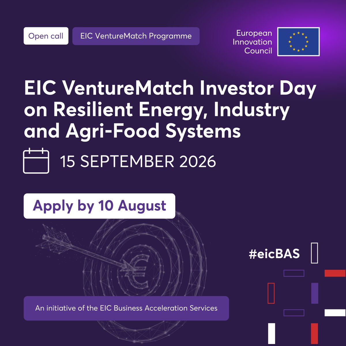 EUeic's tweet photo. ⏳ Reminder: EIC-backed companies working in resilient energy, industry and agri-food systems, only two days left to apply!

🇸🇪 Join the EIC VentureMatch Investor Day on 15 September in Malmö, Sweden.

Apply by 10 August: https://t.co/dHWPxsMyfi

#eicBAS https://t.co/AgYzeVhcp7