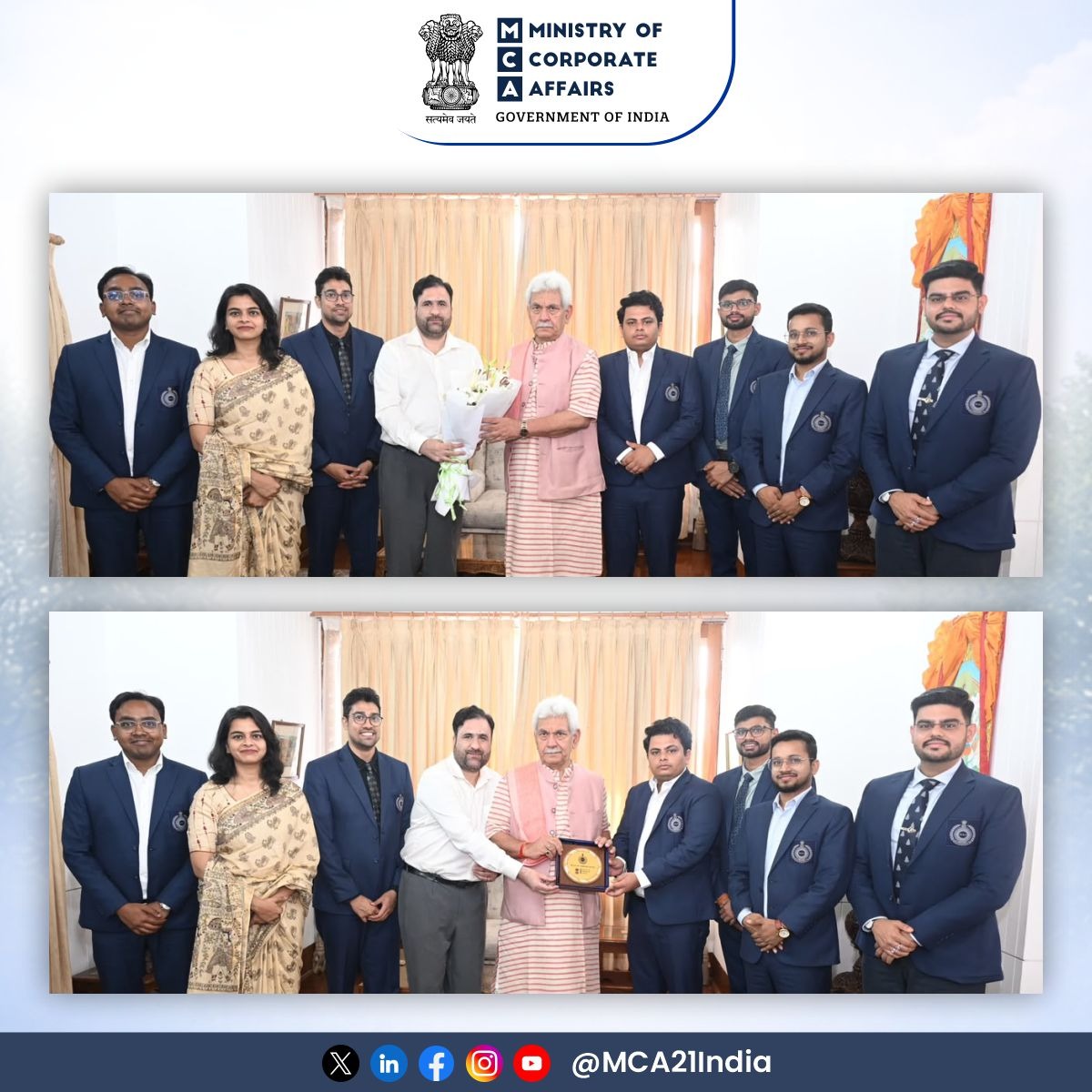 MCA21India's tweet photo. LG J&K Shri. Manoj Sinha on Tuesday said the Indian Corporate Law Service (ICLS) plays a pivotal role in safeguarding corporate governance and strengthening India’s economic credibility, asserting that transparency, accountability and investor confidence are essential for achieving the vision of Viksit Bharat@2047.

Addressing officer trainees of the Indian Corporate Law Service at the Raj Bhavan, Shri. Manoj Sinha said India’s economic strength extends beyond production, investment and trade, and is rooted in robust institutions, the rule of law, and transparent governance.

Calling rapid economic growth, responsible institutions, ethical business practices and a strong legal framework vital for inclusive development, the Lieutenant Governor said the ICLS would serve as a critical link between industry and governance in India’s journey towards becoming a developed nation.

During the interaction, officer trainees from the 2023 and 2024 batches, accompanied by Registrar of Companies, Jammu and Kashmir, Shri. Haamid Bukhari, shared their experiences from their domestic study tour of the Union Territory and briefed the Lieutenant Governor on the functioning of the Registrar of Companies and the role of the ICLS in regulating and enforcing corporate laws.

The trainees also informed him about a recently filed winding-up petition under which the assets of a not-for-profit company were taken over by the Office of the Registrar of Companies-cum-Official Liquidator, Jammu and Kashmir. Officials said it was likely the first instance in which corporate laws had been invoked in a matter linked to national security. 

Shri. Manoj Sinha expressed confidence that the new batch of ICLS officers would continue to strengthen transparent corporate governance, reinforce investor confidence and contribute to India’s emergence as a leading global economy.

#ViksitBharat2047
