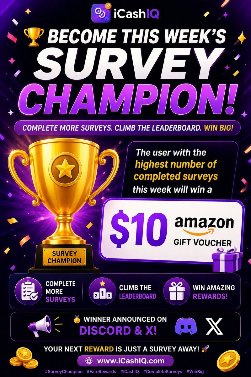 icashiq181's tweet photo. Think you're the best? Prove it! 🏆
Complete the highest number of surveys this week and win a $10 Amazon Gift Voucher! 🎁
🥇 Winner will be announced on Discord &amp; X.
Start completing surveys now! 🚀
 https://t.co/s8bzBOxL4t
#iCashIQ  #EarnRewards #OnlineSurveys #AmazonVoucher https://t.co/BH7oVwRCY2