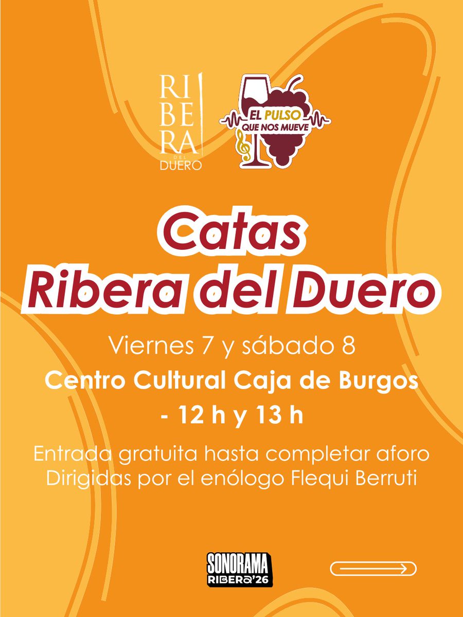 DORibera's tweet photo. Ribera del Duero, patrocinador principal de Sonorama Ribera 2026 @sonoramaribera 

Del 5 al 9 de agosto, la Denominación de Origen Ribera del Duero acompaña una de las citas musicales más importantes del panorama nacional con una propuesta pensada para acercar nuestros vinos a un público amplio y diverso.

La presencia se articula en torno a dos winebars en el recinto —General y VIP—, con un total de 52 referencias entre blancos, rosados, claretes y tintos.
🍷 Winebar General:
Bodega Matarromera @Matarromera 
Bodega Doble R 
Bodega Cantamuda 
Bodegas Federico @BodegasFederico 
Bodegas Yllera @bodegasyllera 
Bodega Páramo Arroyo 
Bodegas Pascual @export2 
Finca Torremilanos @Torremilanos 
Bodegas Valparaíso @Valparaisowine 
Bodegas Viña Mayor @Vina_Mayor
 Bodegas Lleiroso @bodegaslleiroso 
Bodegas Valderiz @ByV_VALDERIZ 
Finca Villacreces @FcaVillacreces 
Bodegas Pradorey 
Bodega Alonso del Yerro @AlonsodelYerro 
Bodega San Roque de la Encina @BodegaSanRoque 
 Bodegas Viña Sastre 
Bodegas Nabal @BodegasNabal 
Bodegas Monteabellón @Monteabellon
Bodegas Neo @BodegasNEO 
Bodega Casado Alvides 
Bodegas Legaris 
Bodega Bela 
Bodega Ricardo Dumas 
Bodega Feliz 
Bodega Viña Buena @VinaBuena
 
🍷 Winebar VIP
 Bodegas Valduero @bodegasValduero
 Familia Fernández Rivera @BodegasFFR
Bodegas Pascual 
Bodegas Ricardo Dumas  
Vino Feliz 
Bodegas Hacienda Vitulia 
Bodegas Pomar 
Bodegas Rudeles 
Bodega Tierra Aranda 
Bodegas Martín Berdugo @martinberdugo
Bodegas Prado de Olmedo @pradodeolmedo
Bodegas Arroyo 
Bodegas Ramos Ducher 
Bodega Mambrilla @BodegaMambrilla
Bodegas Avan @avanribera
Bodegas Briego @BodegasBriego
Bodegas Carramimbre @@vinocarramimbre
Bodegas Protos @Bodegas_Protos
Bodegas Emina @eminawines
Bodegas Monteabellón 
 Bodegas Teófilo Reyes @ZuazoGaston 

A ello se suman las Catas Ribera del Duero, dirigidas por el enólogo Flequi Berruti, los días 7 y 8 de agosto en el Centro Cultural Caja de Burgos , de acceso libre hasta completar aforo.

#RiberaDelDuero #SonoramaRibera #ElPulsoQueNosMueve